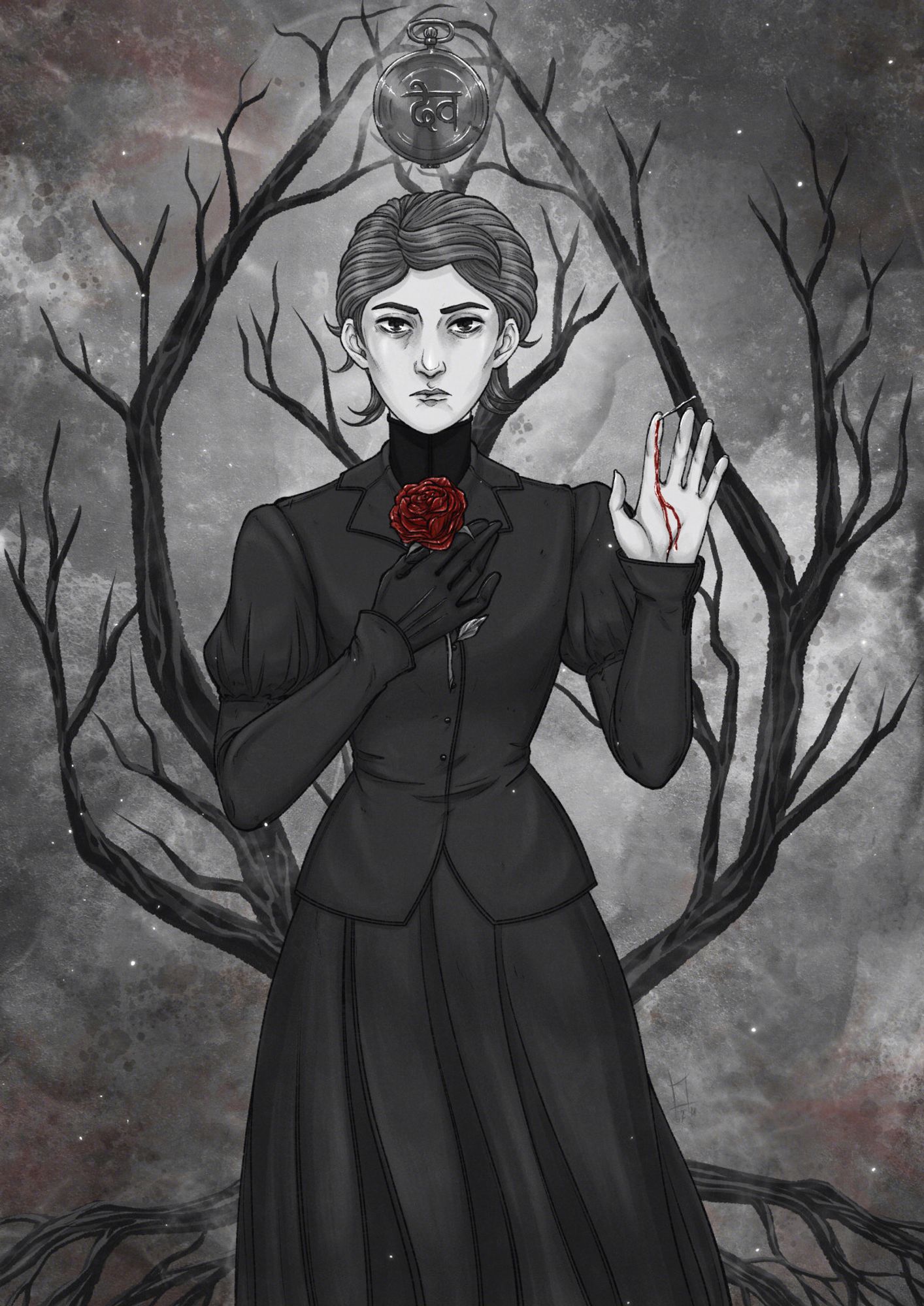 A monochrome + red colour accent picture of Rose Vanderboom from the game Rusty Lake Roots. She faces the viewer and stands knee high, with her left arm up (right arm to viewer). Her index is pricked with a needle and blood pours down her palm, reminiscent of a scene in game. Her right hand in holding a rose against her chest. Both blood and rose are deep red. Her timepiece (game item, in the shape of a pocket watch) floats above her head. The background is abstract with a grungy texture and stains, along with faint red and white volutes. There's a tree, reminiscent of the Vanderboom tree, the branches convoluting where the timepiece is located.