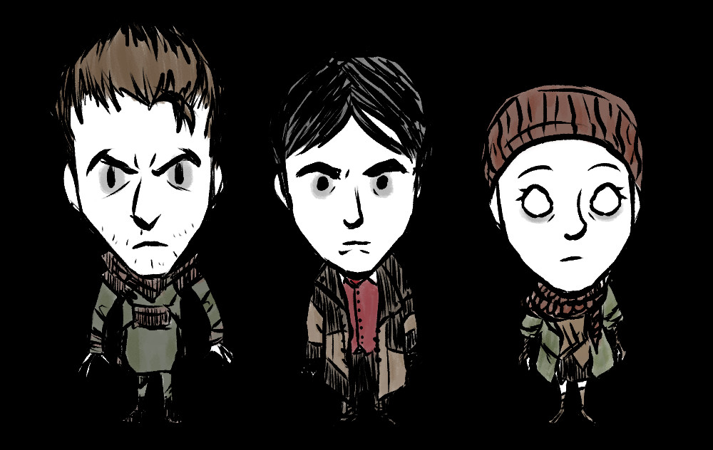 The 3 healers from the Pathologic 2 video game, drawn in a style mimicking the one of Don't Starve, another video game.
The characters are, from left to right: Artemy Burakh (the Haruspex), Daniil Dankovsky (the Bachelor), Clara (the Changeling)