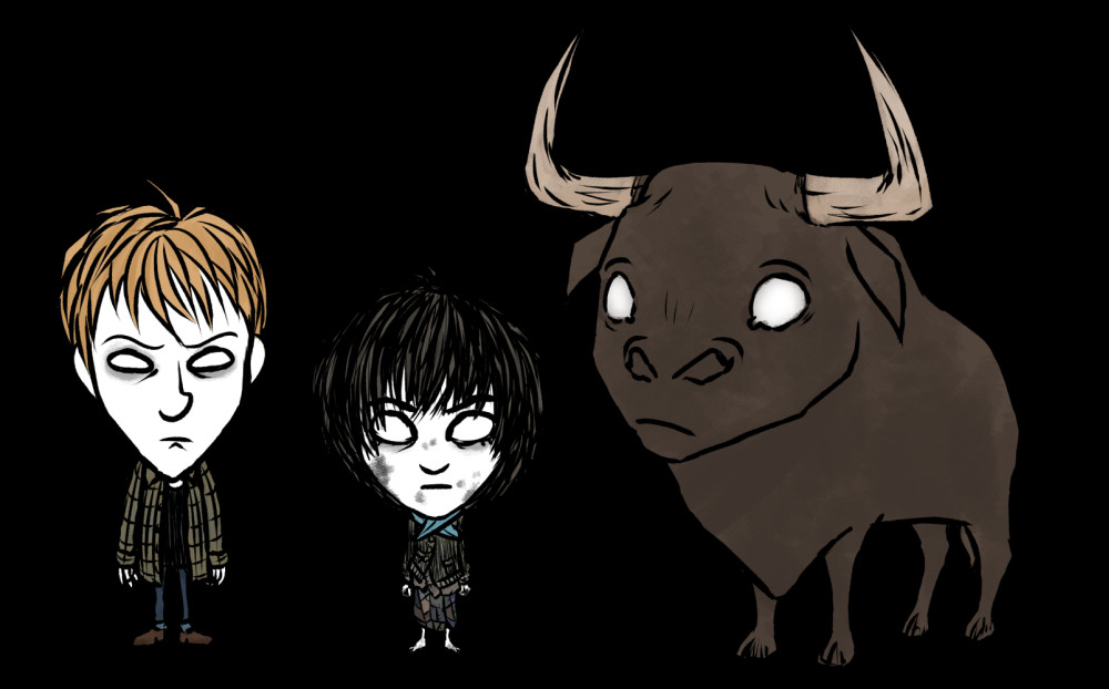 Side characters/NPCs from the Pathologic 2 video game, drawn in a style mimicking the one of Don't Starve, another video game.
The characters are, from left to right: Sticky, Murky and the Wonder Bull