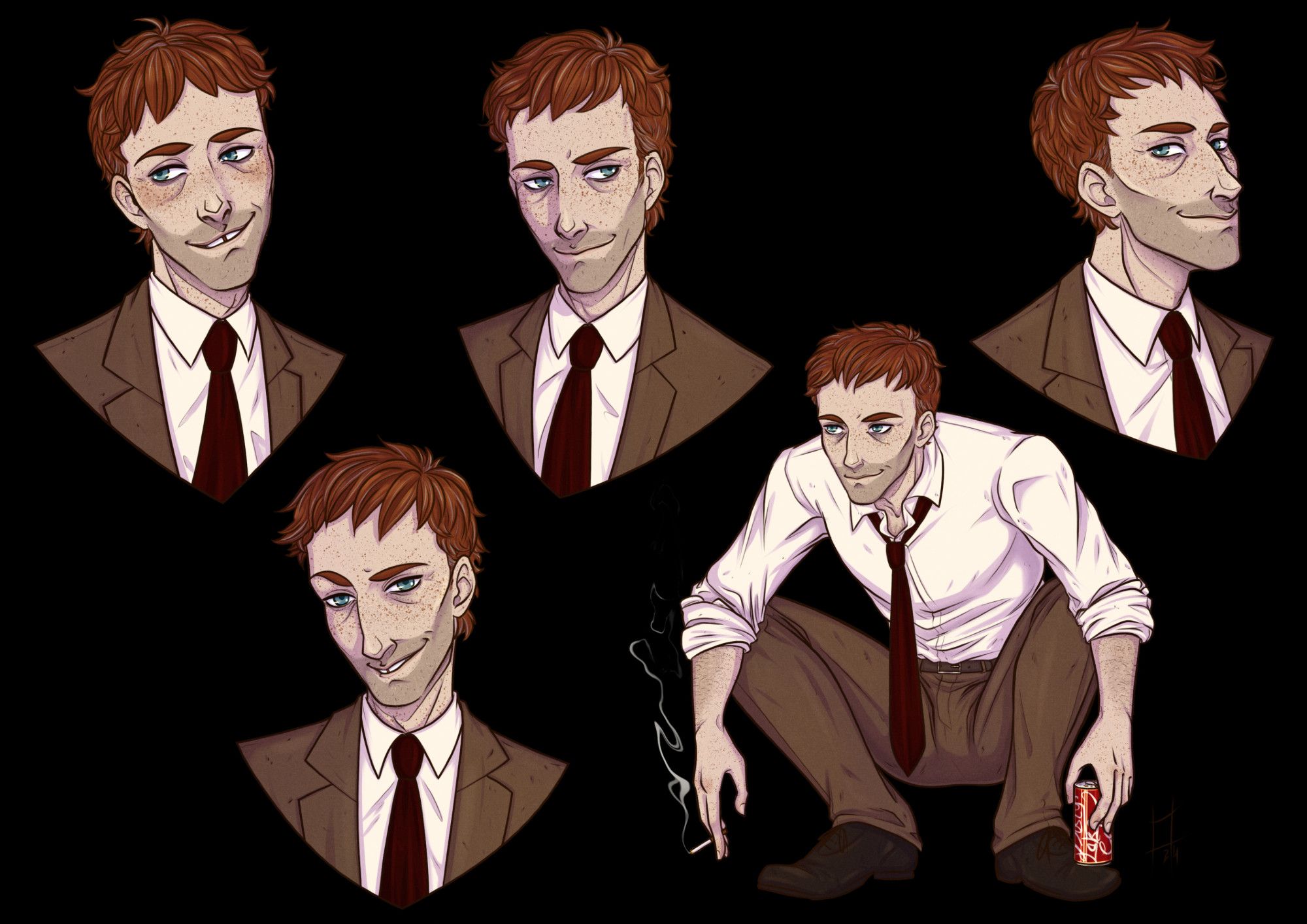 4 bust portraits, 3 on top, 1 on the bottom left and a full body in a squatting pose on bottom right of (our interpretation of) David Eilander's reincarnated appearance from the Rusty Lake games. He's red haired with a few grey hair, his hair look a bit unkept. He's pale, has freckles, light blue eyes and a stubble. He's represented smiling, even though he looks tired. The portrait on the bottom left reveals a front teeth gap.
He wears the brown suit and red tie like in Birthday on the busts but doesn't wear the suit jacket on the full body, where his sleeves are rolled before his elbows. His right hand holds a lit cigarette and his left holds a red soda can.