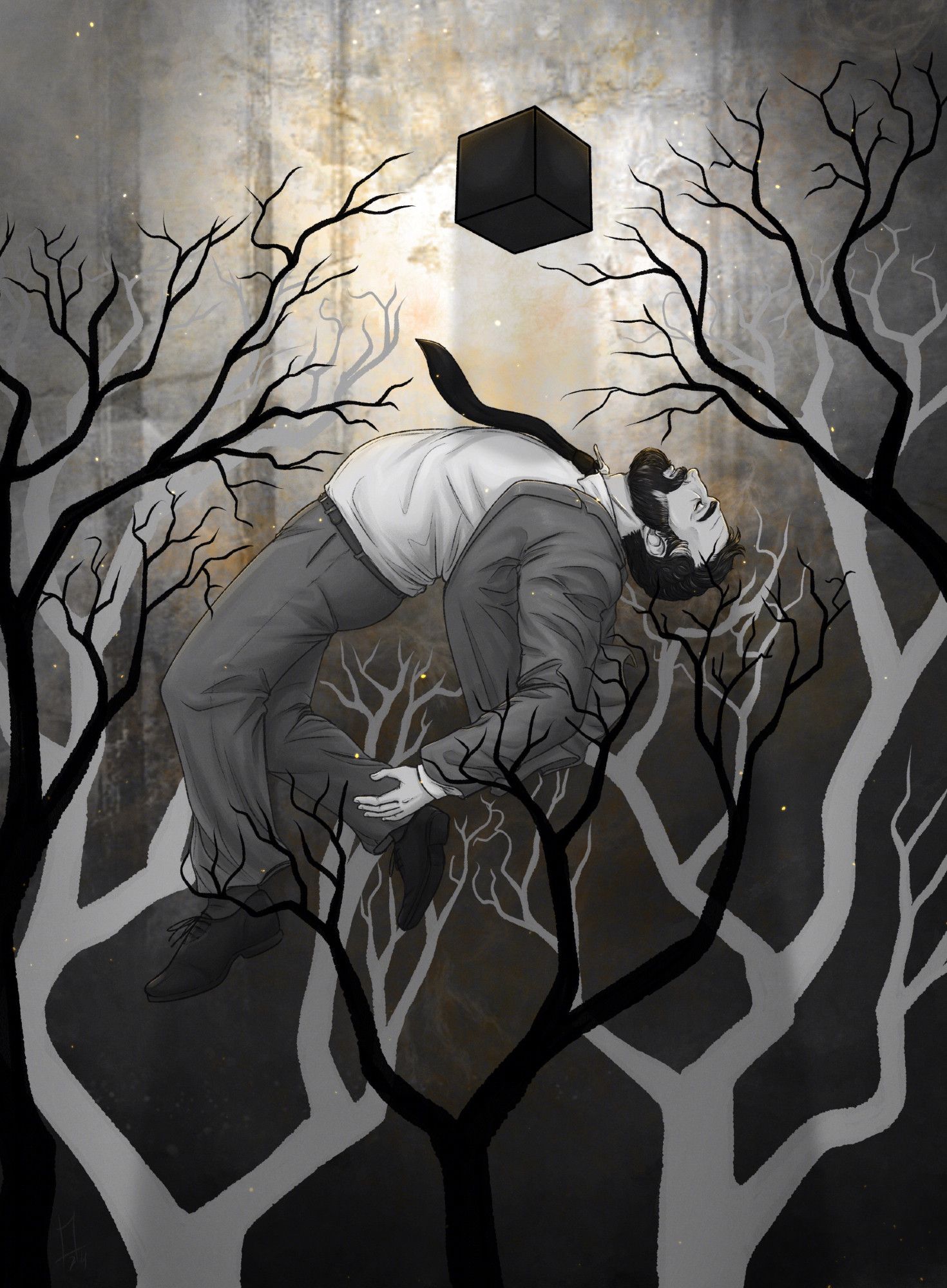 Fanart of Dale Vandermeer from the video game series Rusty Lake/Cube Escape. The picture consists of different shades of grey with a yellow colour accent.
Dale is floating at the centre of the picture, seemingly unconscious. A black cube floats above him, casting a shadow over his heart. He is framed by black trees in the foreground and light grey trees in the background, all bare of leaves. The black trees' branches seem as if they're reaching for the cube.
The background is heavily textured and a bit blurry, mainly light grey on the top with deeper grey vertical streaks. The grey is much darker at the bottom of the picture. It is also the part where swirls of the yellow colour accent is. It gets lighter around the cube and Dale, the yellow is more concentrated there. It is inspired from the colour of the Lake's depth as seen in the games. There are floating sparks/particles of light to deep yellow.