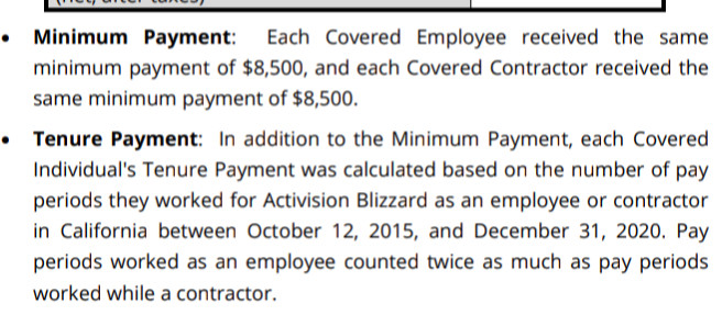 text saying the minimum payment for any covered employee or contractor is 8,500$, and then more payment based on how long a person worked there