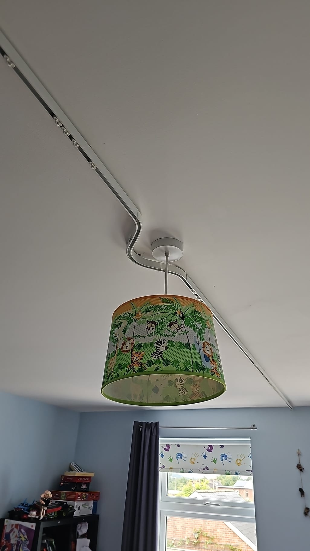 Completely unrelated photo to the topic. Photo of a child's bedroom ceiling with animal lampshade, curtain rail and bookshelf with toys in the background