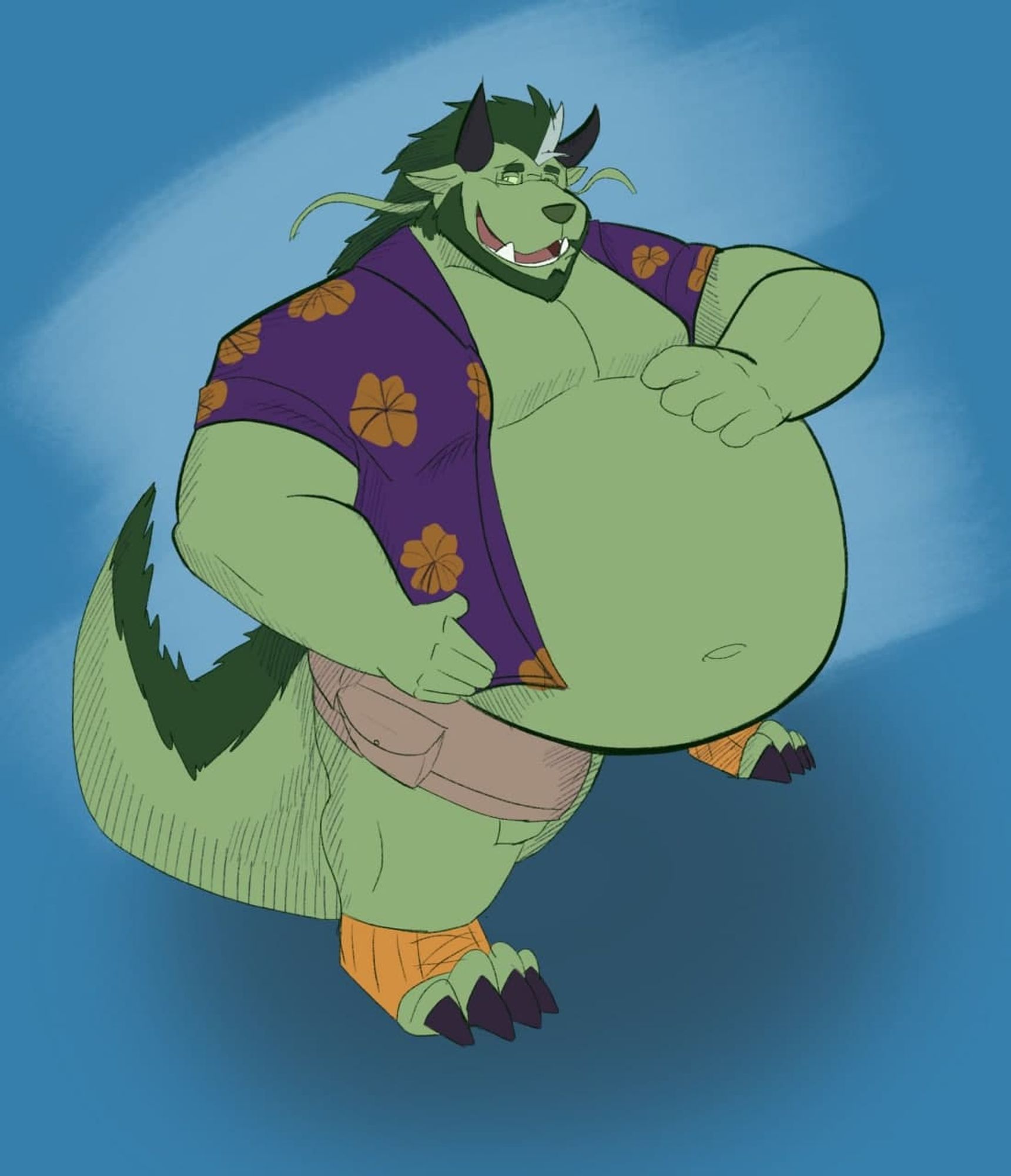 The green-furred behemoth Garr, looking up at the camera from a side-on angle, one hand on their big belly, the other cradling it from the side.