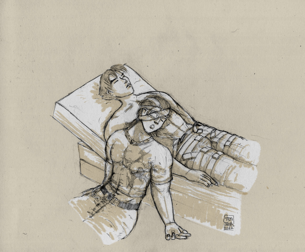 A sketch of Jin comatose on a bed, and Hwoarang with his newly injured eye, asleep against him.