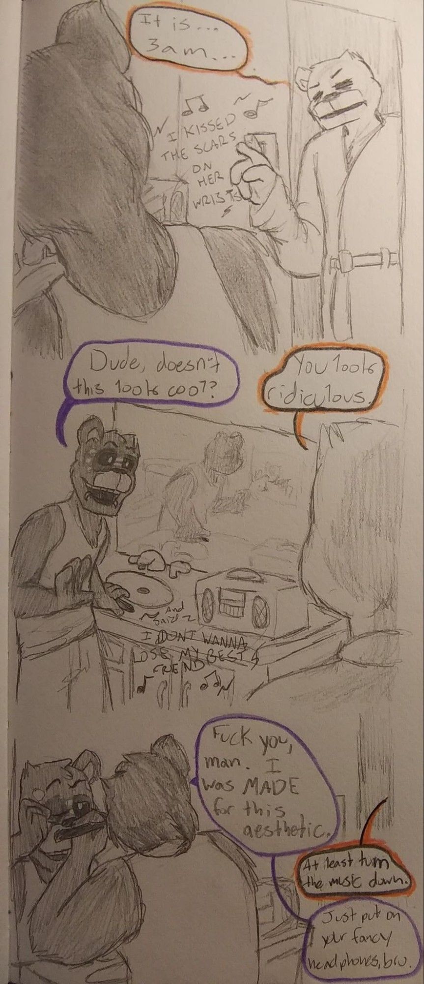 Zhax (ShadowFreddy) and Goldie (WitheredGoldenFreddy) having a late night chat.