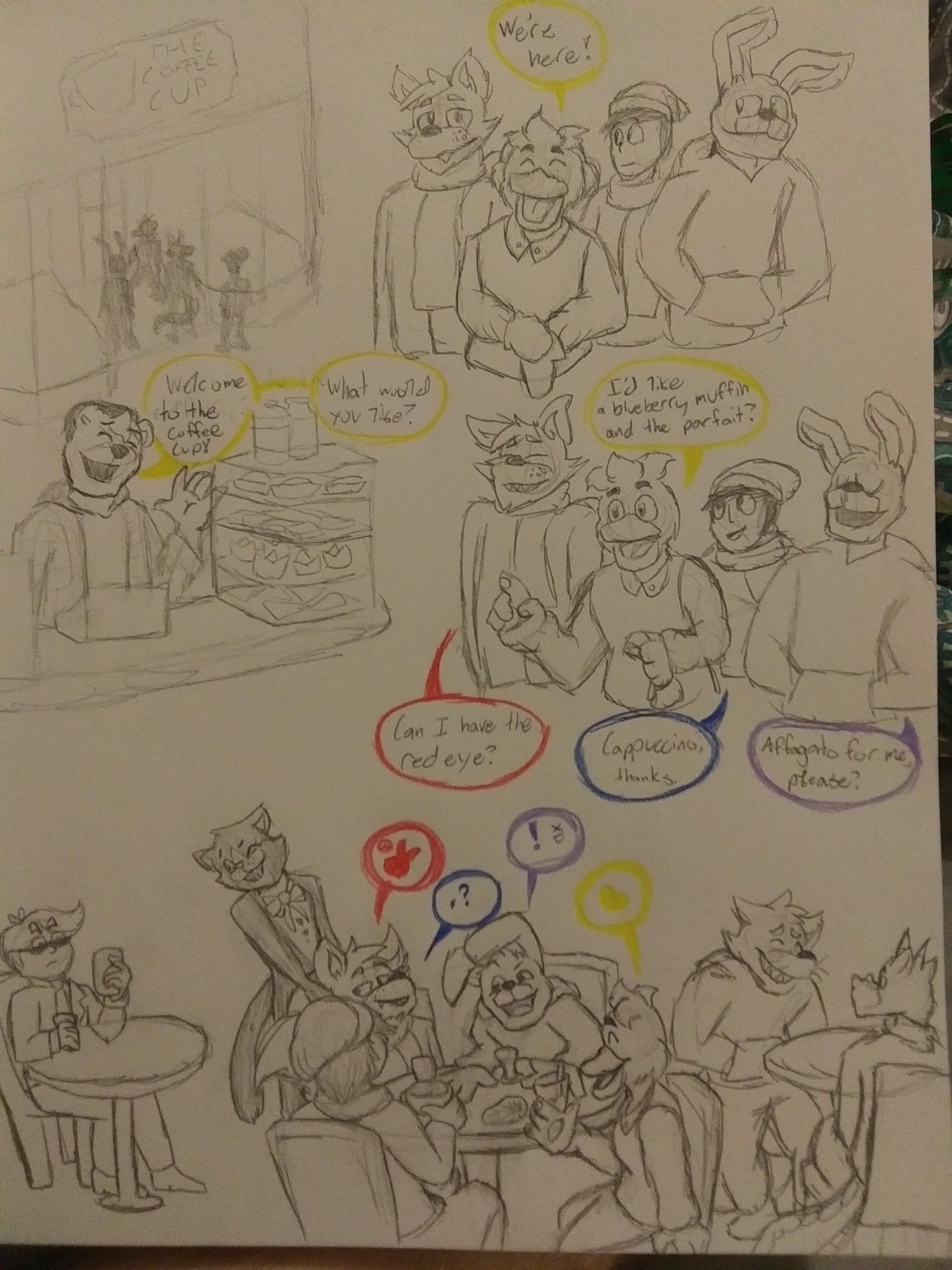 Foxy, Chica, Mike and Bonnie visit a local coffee shop together.