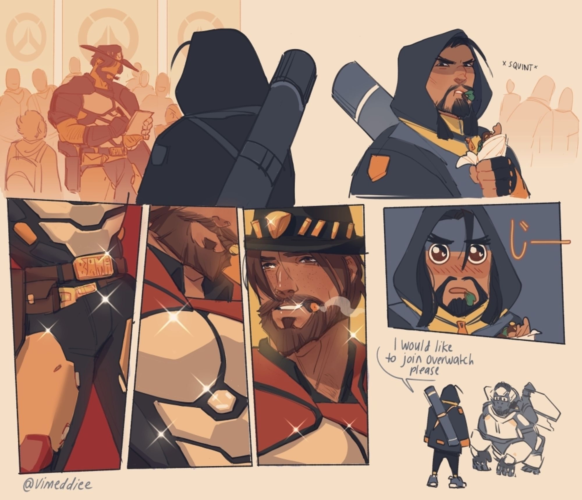 Panel 1: Hanzo with his back to reader, watching the absolute unit that is Cole Cassidy sign autographs for fans at an OW recruitment event.

Panel 2: Hanzo, greens from his half-eaten wrap hanging from his mouth, squints.

Panel 3, 4, 5: closeups of Cole's crotch, torso and smiling handsome face, all adorned with sparkles

Panel 6: Hanzo close-up, mouth hanging open (greens still clinging), eyes big and shiny, Japanese hiragana character "じ~" (ji) as a staring sound effect.

Last panel: Resolute Hanzo says "I would like to join Overwatch please" to a bemused Winston