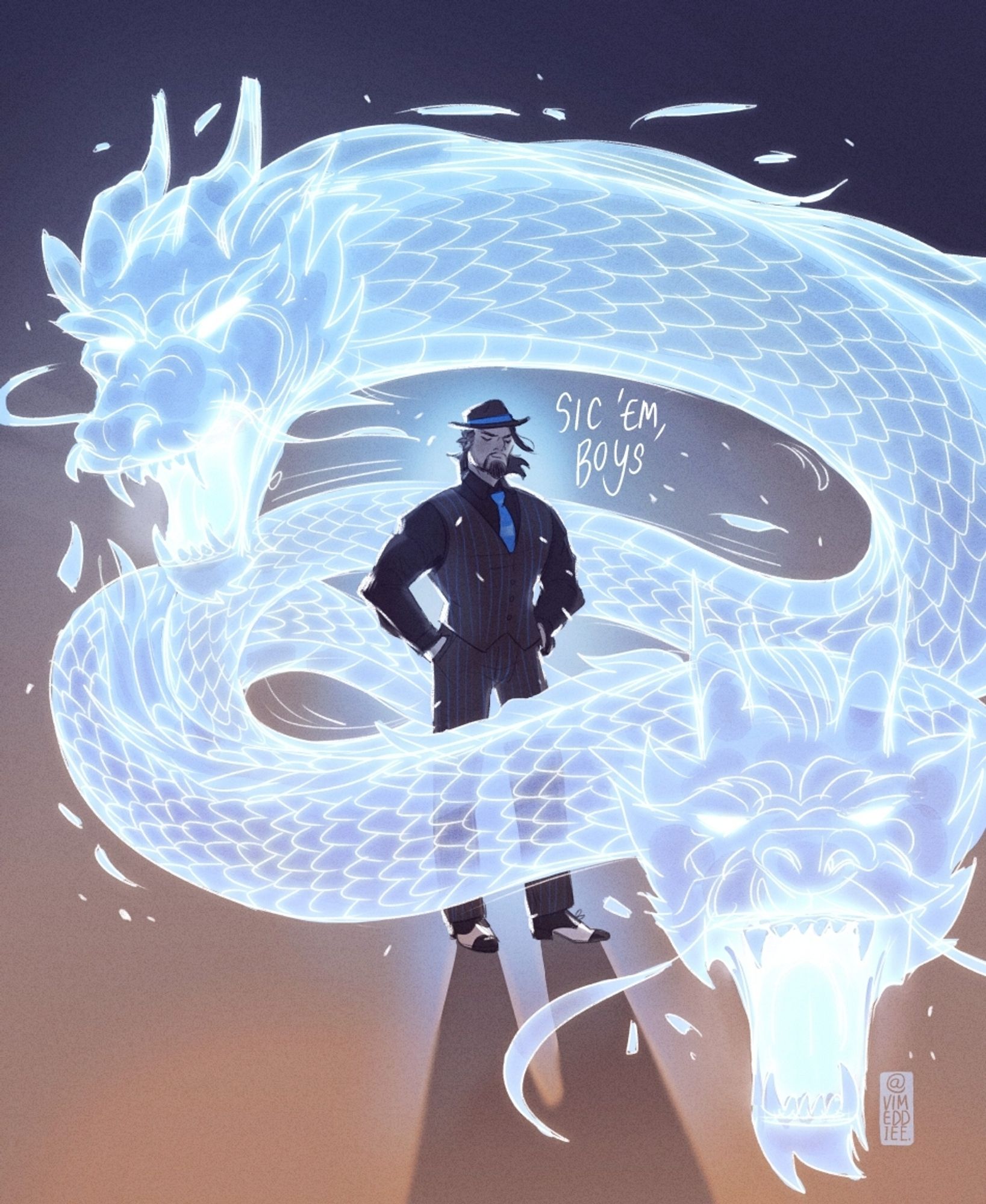 Art of Hanzo dressed as a 1920s mob boss, his dragons coiled around him. Hanzo says "Sic 'em, boys"