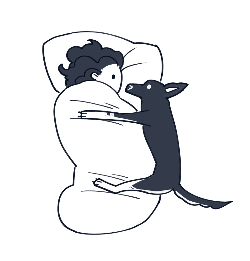 drawing of me in bed with my dog front-spooning me