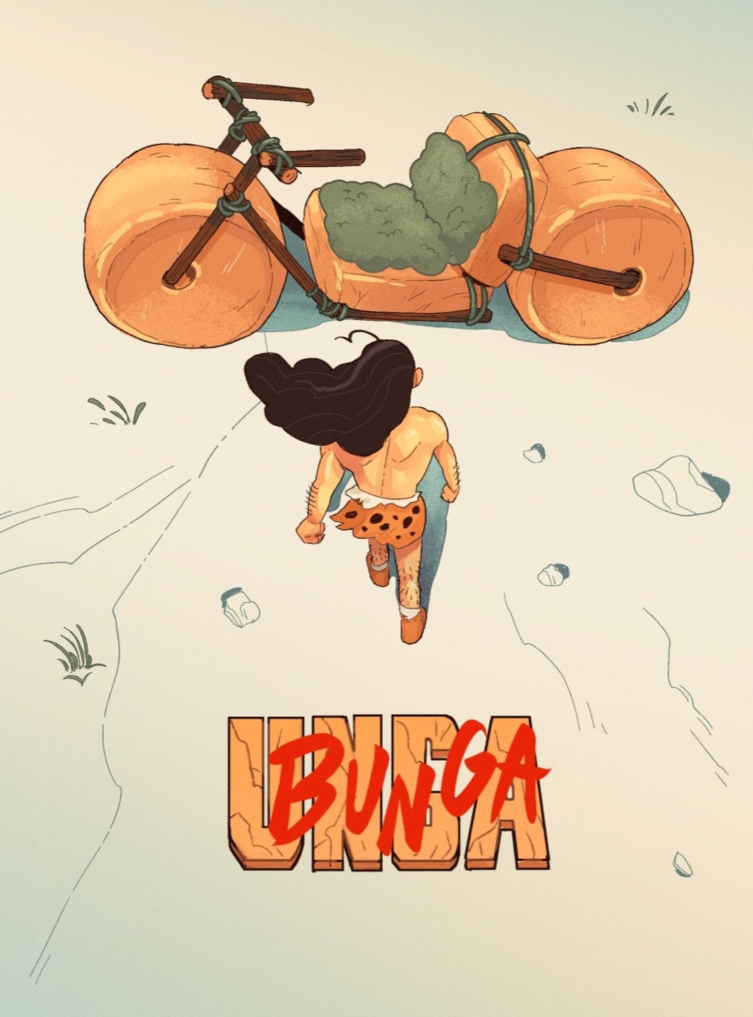 Parody poster of the movie Akira, with my caveman OC Skrugg walking towards a stone bike, and the title of the poster says UNGA BUNGA