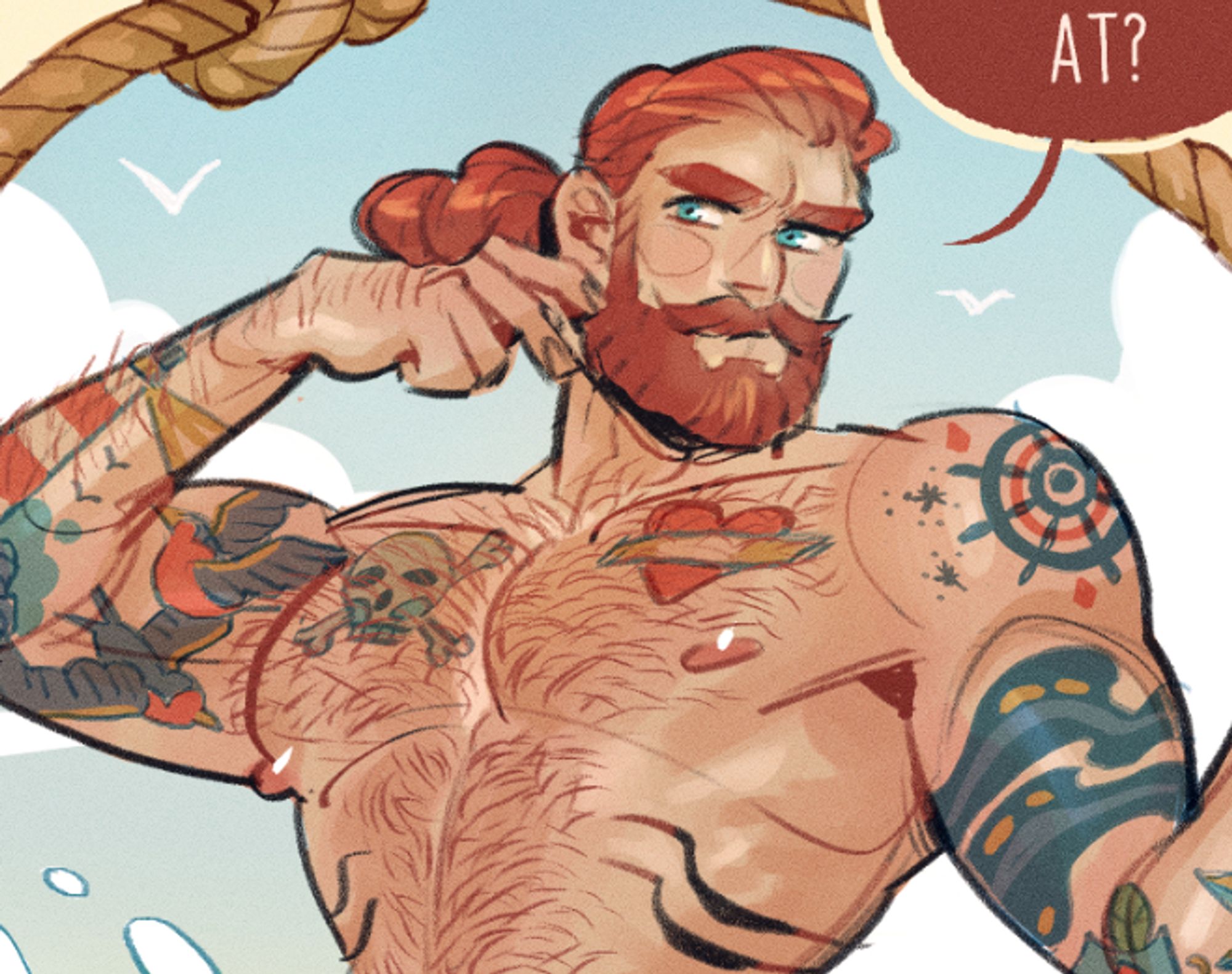 cropped screenshot of a red-headed, shirtless man with sailor tattoos, preening, with a scowl on his face.