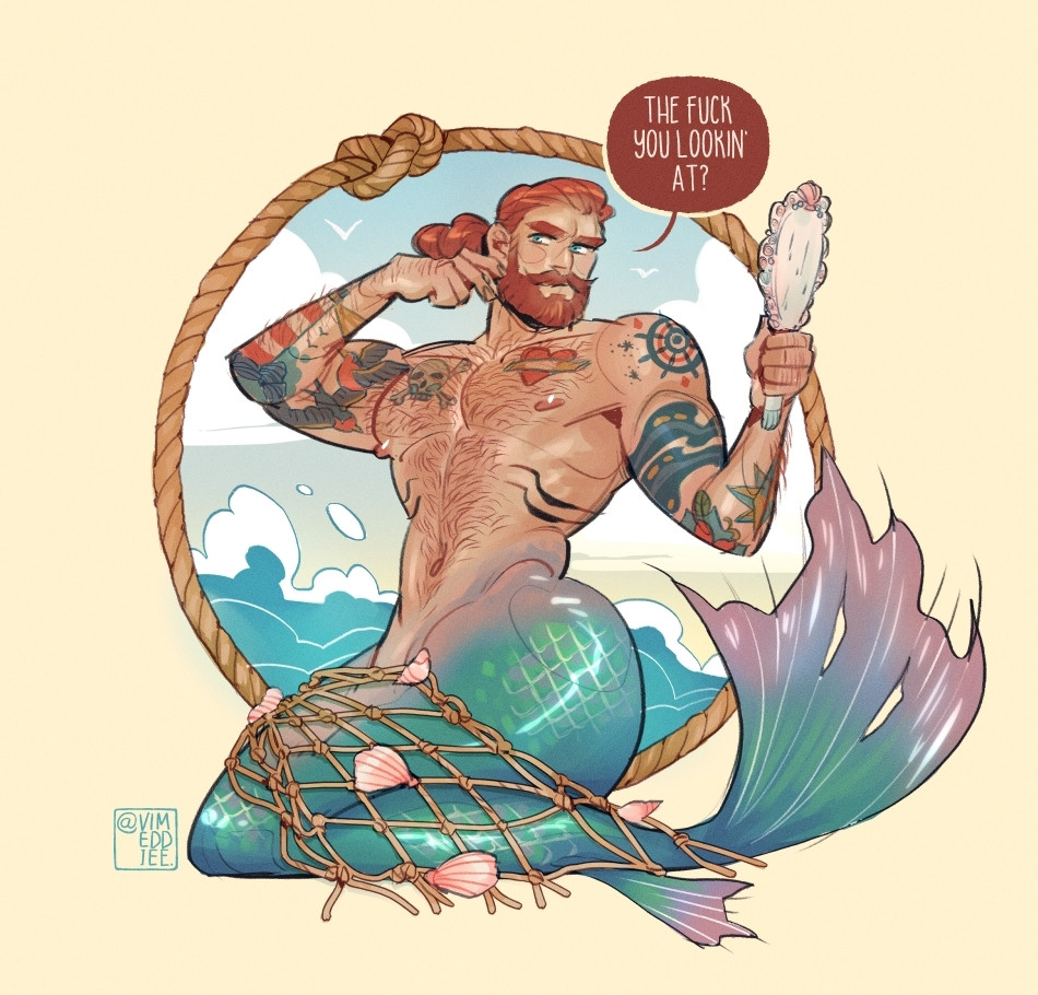 Illustration of a buff and shiny red-headed merman, heavily tattooed, glaring arrogantly at viewer and holding a mirror up to his face. Text bubble says "THE FUCK YOU LOOKIN' AT"

Behind him is a circular rope frame with an ocean view in the background. Over his tail is a fisherman's net with several shells tangled in it.