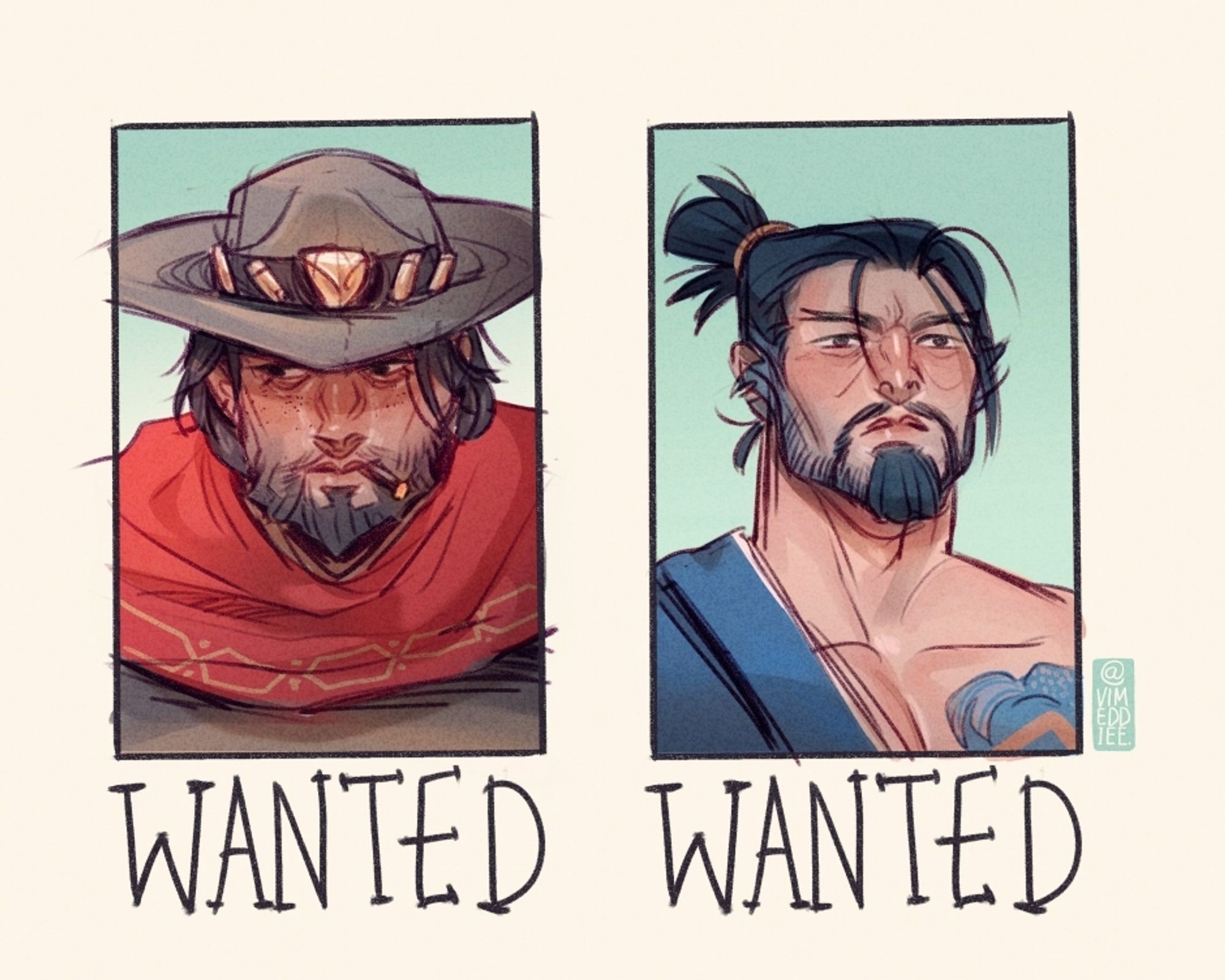 A set of drawn wanted posters: one of a greasy, dishevelled and criminal-looking Cole Cassidy, the second of an equally criminal-looking Hanzo Shimada.
