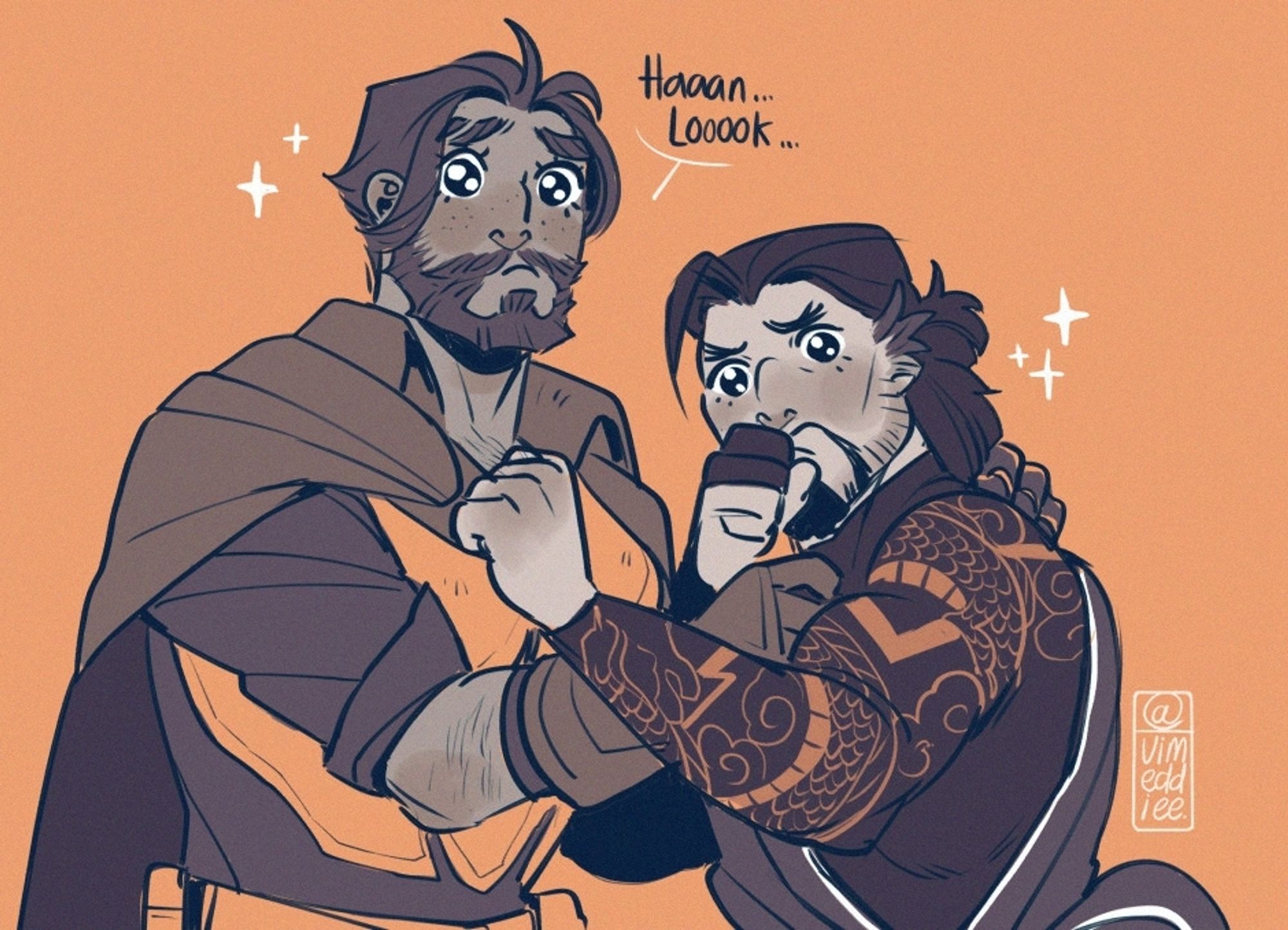 Grown, adult Cassidy and Hanzo clutch each other, eyes huge and shiny like fried eggs, sparkles around them from the cuteness. Cassidy says, with awe, "Haaan...looook..."