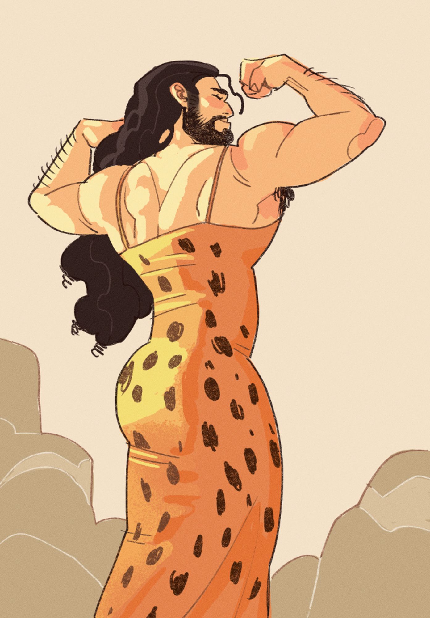 Buff, bearded man in a leopard print tube dress, flexing with his back to the viewer