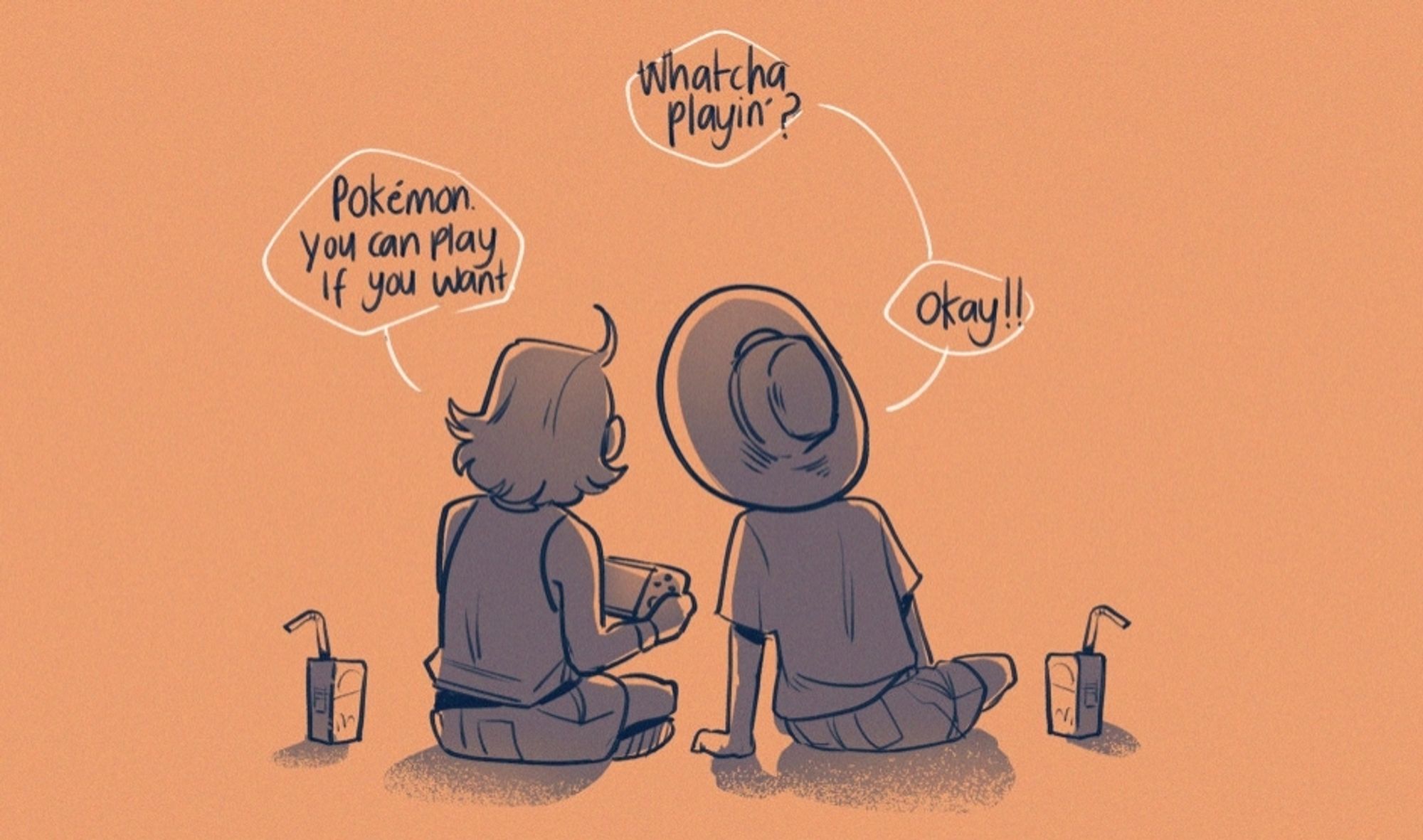 The boys are sitting with their backs to the reader, Hanzo on the left playing on his switch, Cassidy leaning close. Each has his own juicebox. Cassidy says "whatcha playin'?". Hanzo replies, "Pokémon. You can play if you want". Cassidy says "Okay!!"