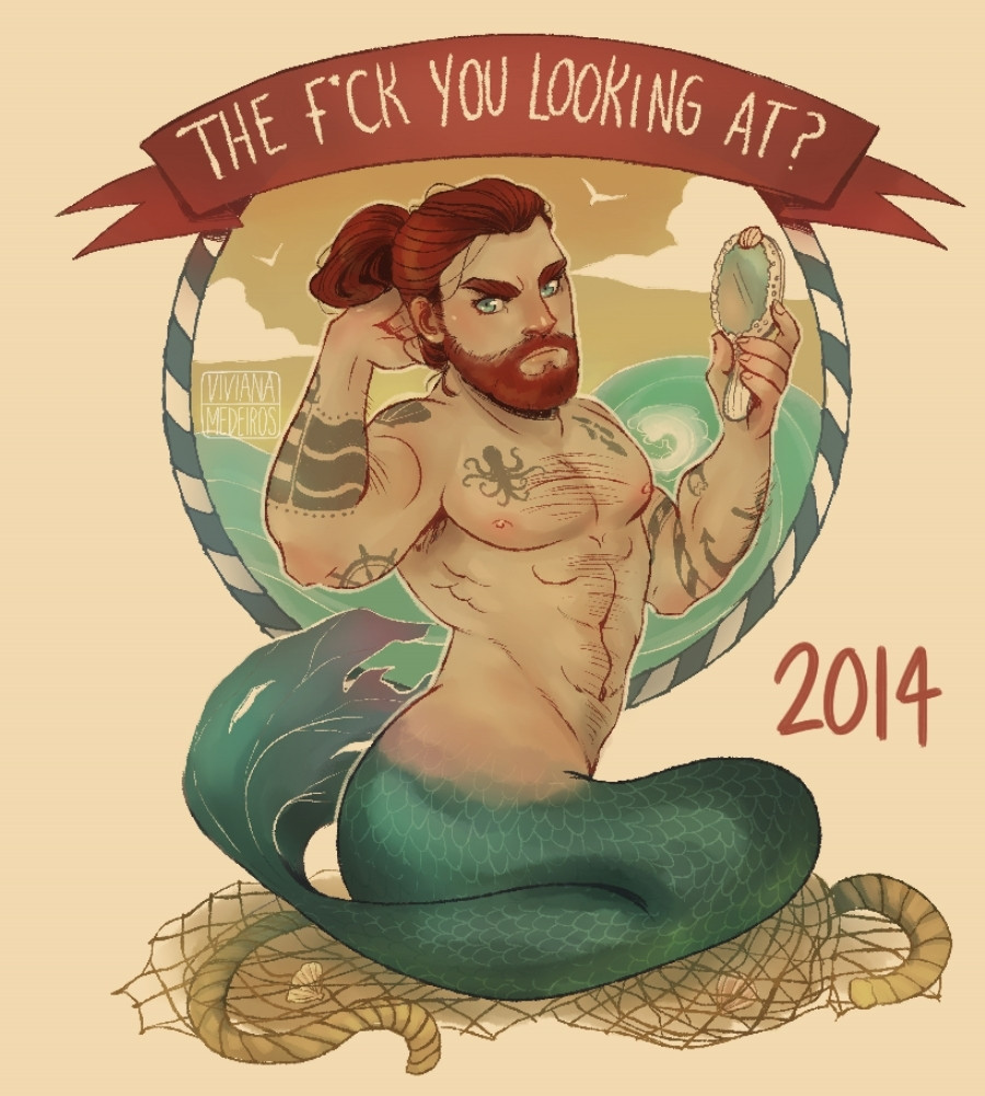 2014 original version of the illustration except instead of a text bubble the rude merman has a banner above him that reads "THE F*CK YOU LOOKING AT?" and you can observe my lack of anatomical skills in this one.