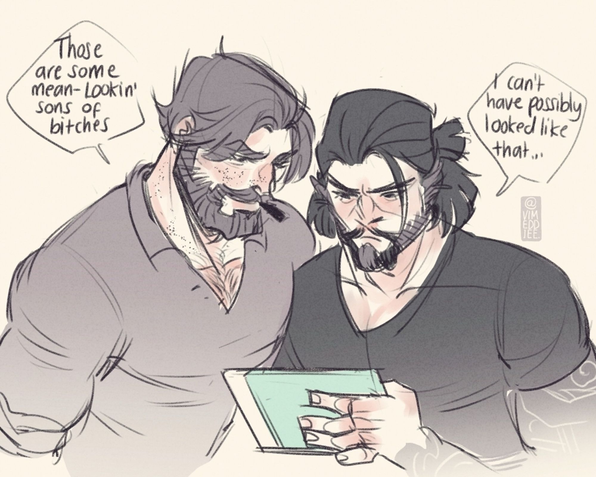 Drawing of beefy and groomed Cole Cassidy and Hanzo Shimada peering at a tablet. Cassidy says, "Those are some mean-lookin' sons of bitches."

Hanzo, with some disbelief, "I can't have possibly looked like that..." (presumably because he made being hot his personality)