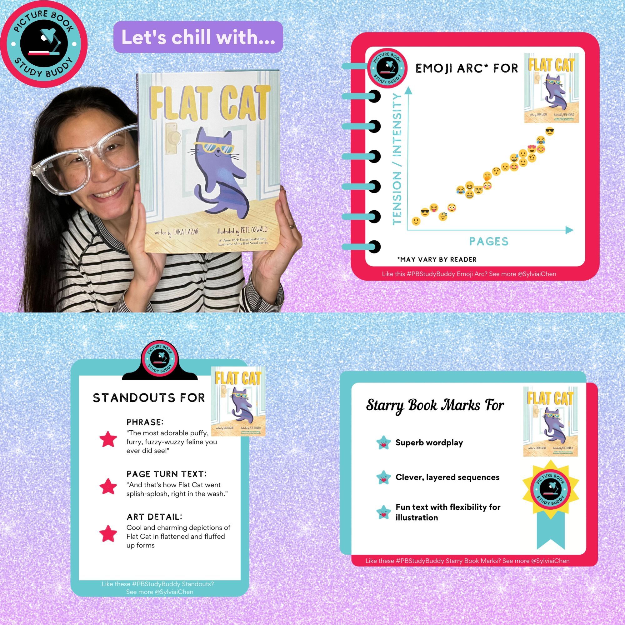 #PBStudyBuddy feature for picture book FLAT CAT with: Picture of Asian American author Sylvia Chen in giant glasses holding up the book. The Emoji Arc shows a graph with Y-axis for Tension/Intensity and X-axis for Pages. Emojis with varying emotions are plotted on the graph and may vary by reader for this book. Standout Phrase is: "The most adorable puffy, furry, fuzzy-wuzzy feline you ever did see!", Standout Page Turn Text is: "And that's how Flat Cat went splish-splosh, right in the wash.", and Standout Art Detail is: Cool and charming depictions of Flat Cat in flattened and fluffed up forms. Starry Book Marks include: Superb wordplay, Clever, layered sequences, and Fun text with flexibility for illustration.