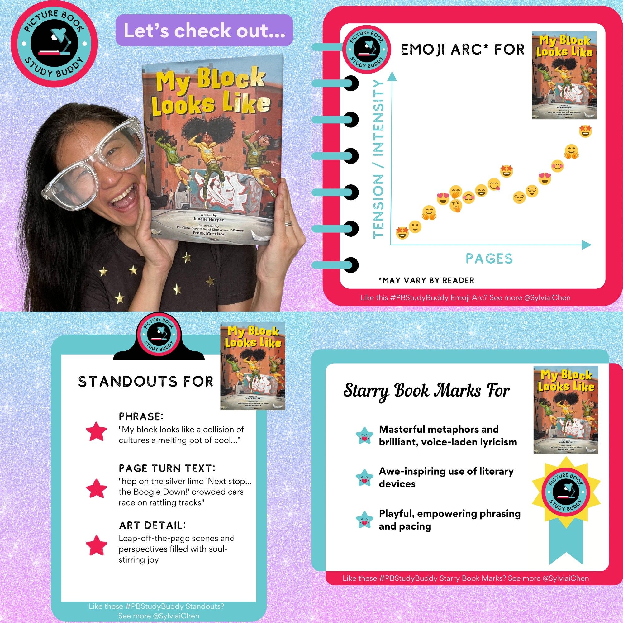 #PBStudyBuddy feature picture book MY BLOCK LOOKS LIKE: Picture of Asian American author Sylvia Chen in giant glasses holding book. Emoji Arc shows graph with Y-axis for Tension/Intensity & X-axis for Pages. Varying emojis plotted on graph; may vary by reader. Standout Phrase: "My block looks like a collision of cultures a melting pot of cool…" Standout Page Turn Text: "hop on the silver limo 'Next stop… the Boogie Down!' crowded cars race on rattling tracks" Standout Art Detail: Leap-off-the-page scenes and perspectives filled with soul-stirring joy Starry Book Marks: Masterful metaphors and brilliant, voice-laden lyricism, Awe-inspiring use of literary devices, Playful, empowering phrasing and pacing.