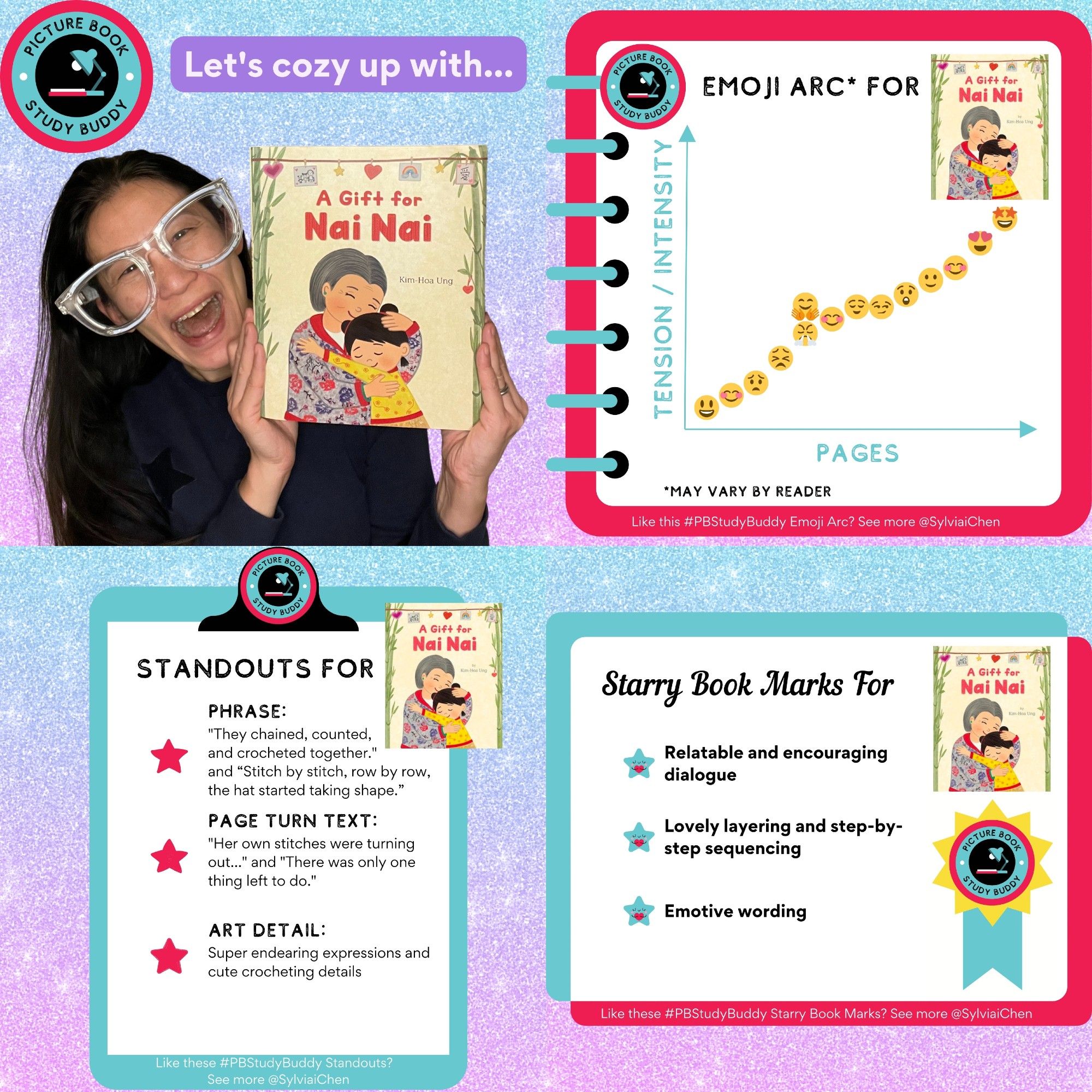 #PBStudyBuddy feature for picture book A GIFT FOR NAI NAI: Picture of Asian American author Sylvia Chen in giant glasses holding the book. The Emoji Arc shows a graph with Y-axis for Tension/Intensity and X-axis for Pages. Emojis with varying emotions plotted on the graph; may vary by reader for this book. Standout Phrase: "They chained, counted, and crocheted together." and "Stitch by stitch, row by row, the hat started taking shape." Standout Page Turn Text: "Her own stitches were turning out…" and "There was only one thing left to do." Standout Art Detail: Super endearing expressions and cute crocheting details Starry Book Marks: Relatable and encouraging dialogue, Lovely layering and step-by-step sequencing, and Emotive wording.