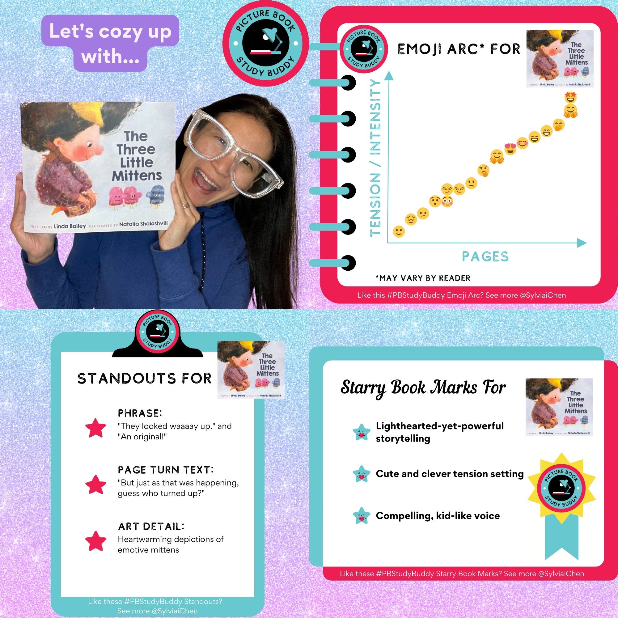 #PBStudyBuddy feature for picture book THE THREE LITTLE MITTENS: Picture of Asian American author Sylvia Chen in giant glasses holding the book. The Emoji Arc shows a graph with Y-axis for Tension/Intensity and X-axis for Pages. Emojis with varying emotions plotted on the graph; may vary by reader for this book. Standout Phrase: "They looked waaaay up." and "An original!" Standout Page Turn Text: "But just as that was happening, guess who turned up?" Standout Art Detail: Heartwarming depictions of emotive mittens Starry Book Marks: Lighthearted-yet-powerful storytelling, Cute and clever tension setting, and Compelling, kid-like voice.