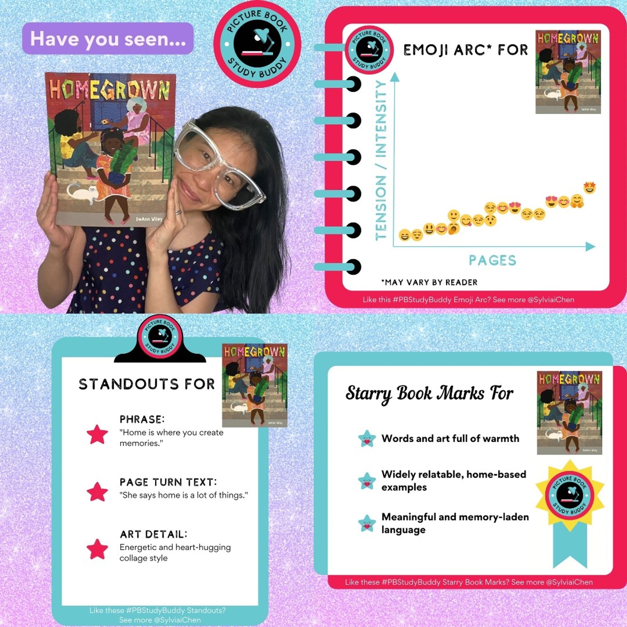 #PBStudyBuddy feature picture book HOMEGROWN: Pic of Asian American author Sylvia Chen in giant glasses holding book. Emoji Arc shows emojis plotted on graph with Y-axis for Tension/Intensity & X-axis for Pages; may vary by reader. Standout Phrase: "Home is where you create memories." Standout Page Turn Text: "She says home is a lot of things." Standout Art Detail: Energetic and heart-hugging collage style Starry Book Marks: Words and art full of warmth, Widely relatable, home-based examples, Meaningful and memory-laden language.