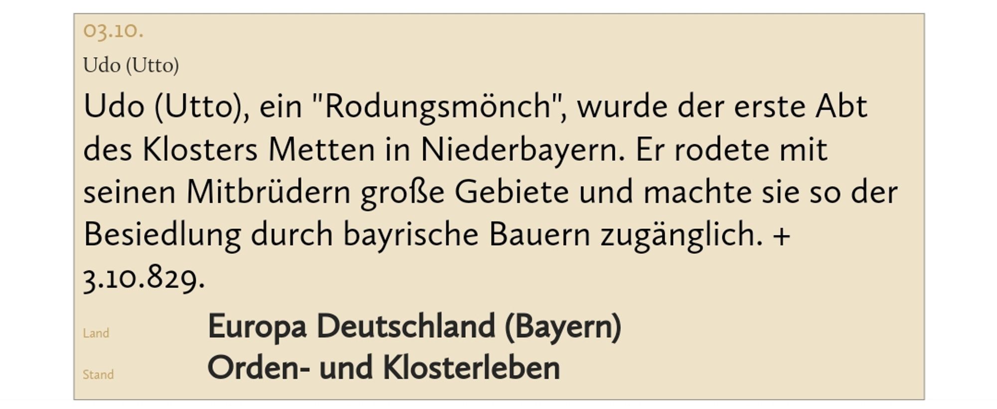 Ein Eintrag aus dem katholischen Namenstags-Verzeichnis, demzufolge am 3.10. Udo Namenstag hat.