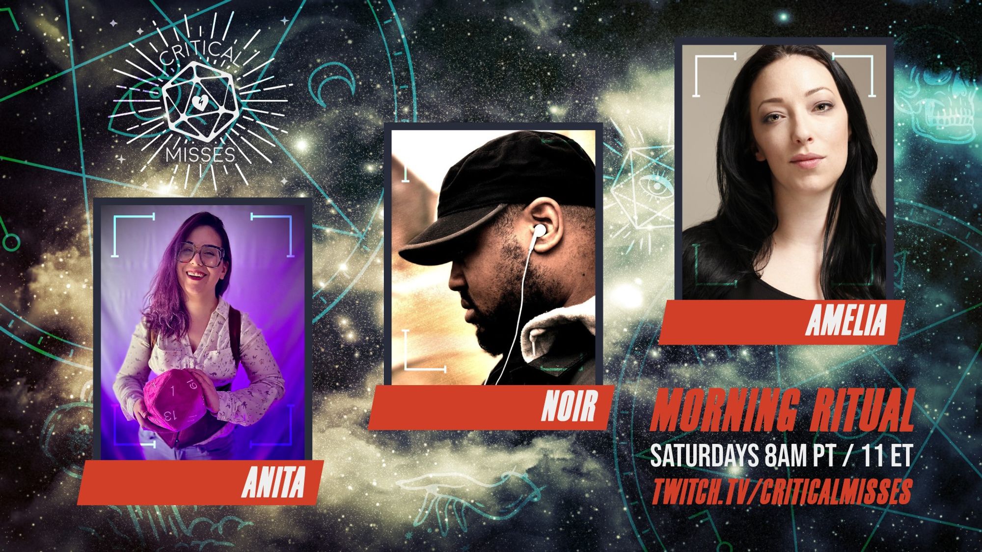 A promo graphic for Morning Ritual featuring celestial background with glowing sigils and mystical symbols
Photo of Anita and Noir and the guest Amelia
text: Morning Ritual
Saturdays 8AM PT/11ET twitch.tv/criticalmisses