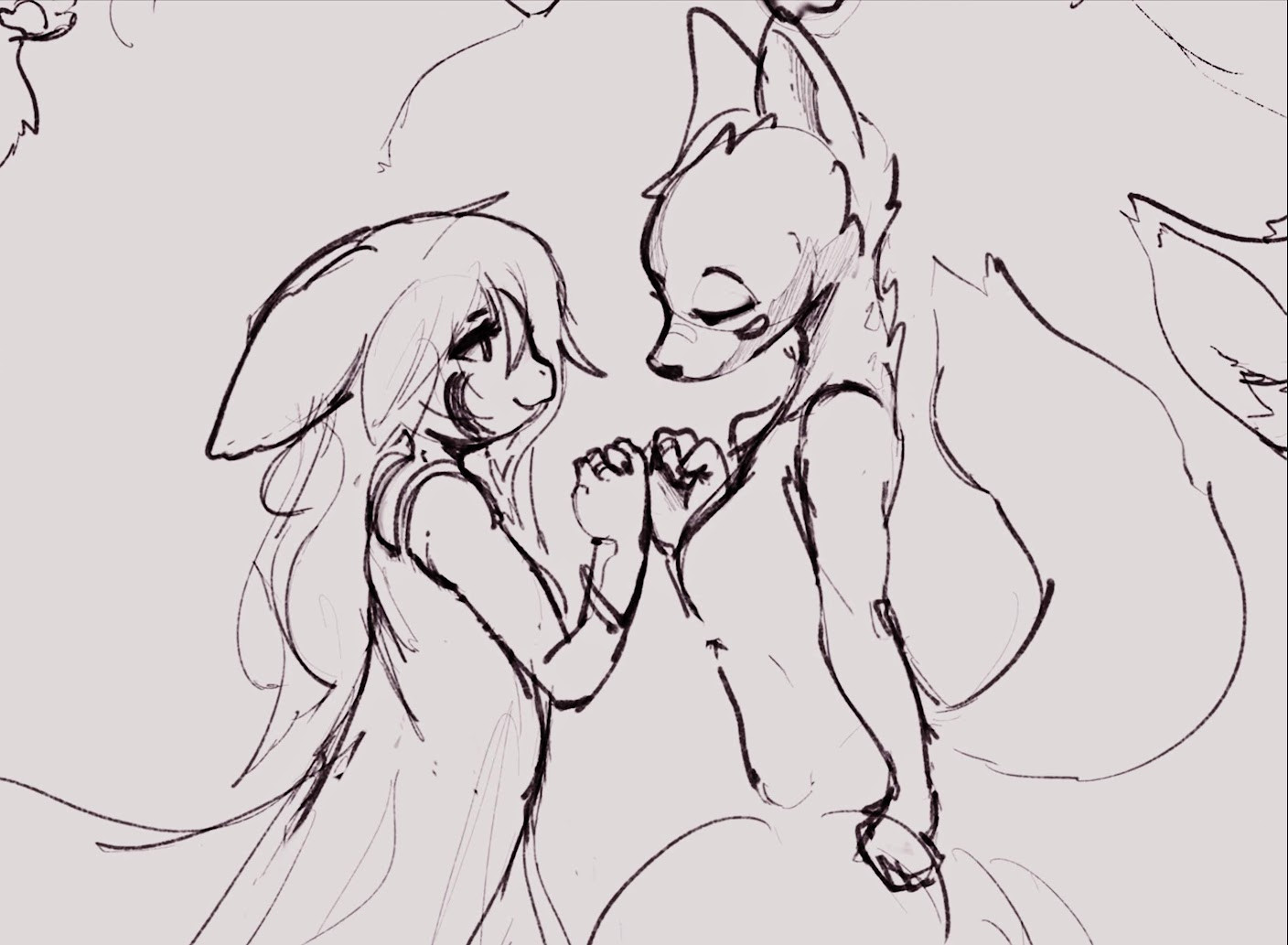 a rough drawing of my own original character crossing fingers with my partner's character while looking at them lovingly