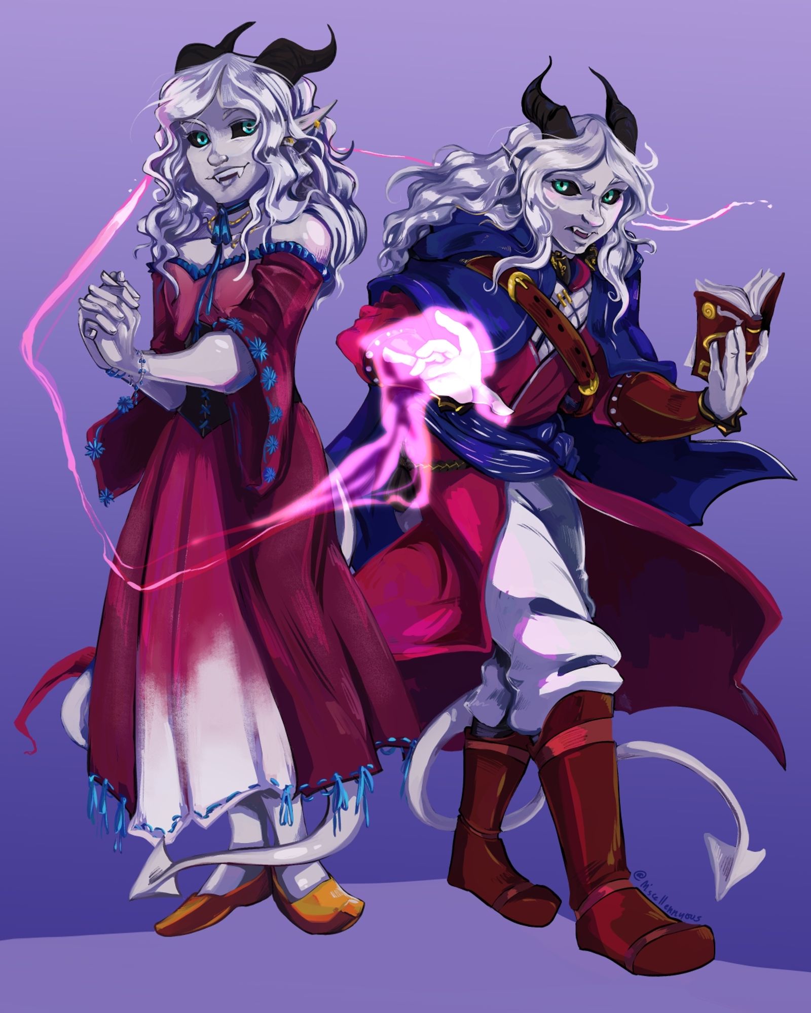 Art of a tiefling in two outfits. The tiefling has silver skin and hair and wears bisexual pride colors. On the left he is wearing a red and purple dress with blue flowers and ribbons, holding his hands clasped in front of him. In the other he is holding a spell book and weaving a spell.