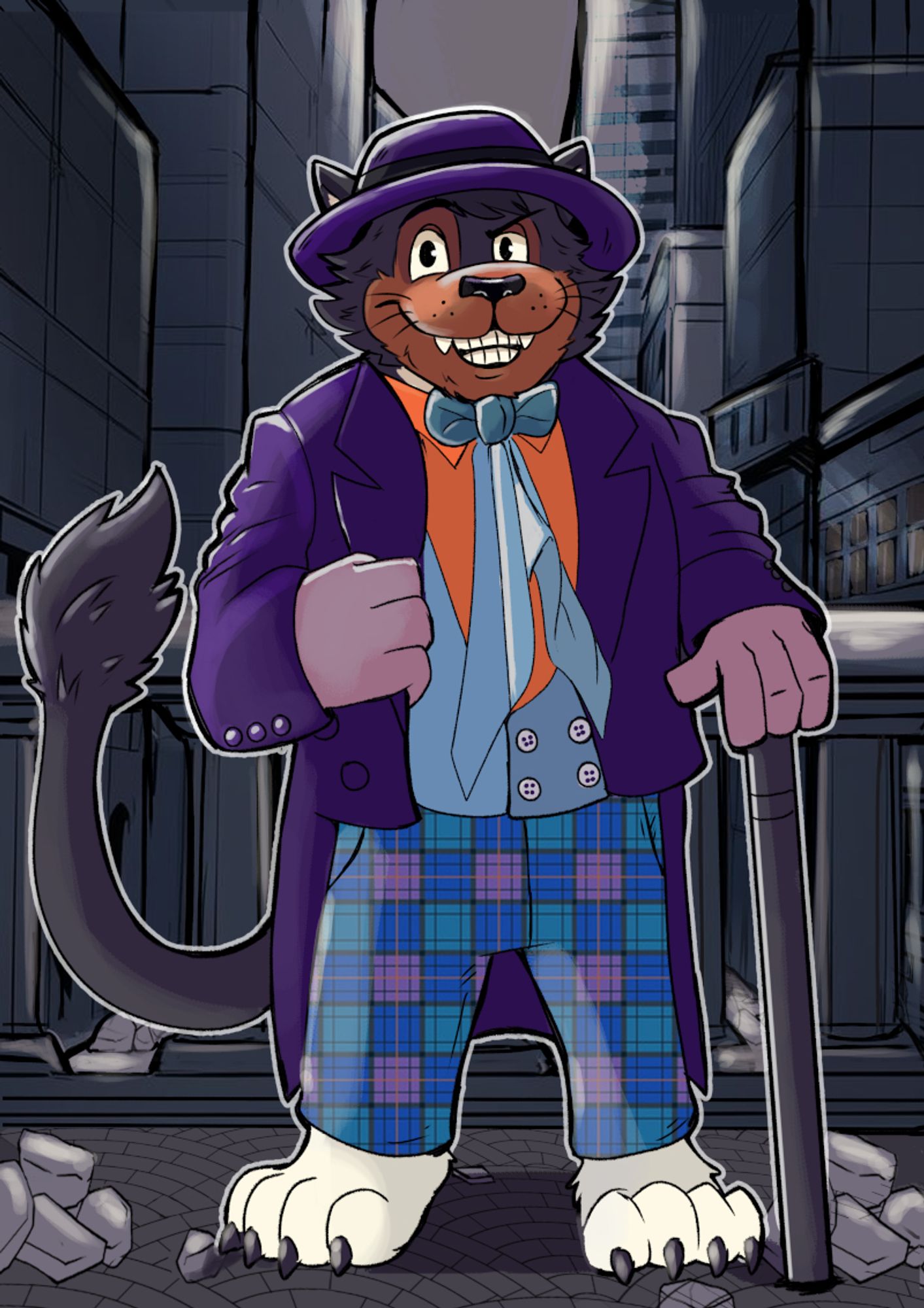 A black anthropomorphic cat dressed as the Joker from the movie Batman, using a purple jacket, and purple hat.