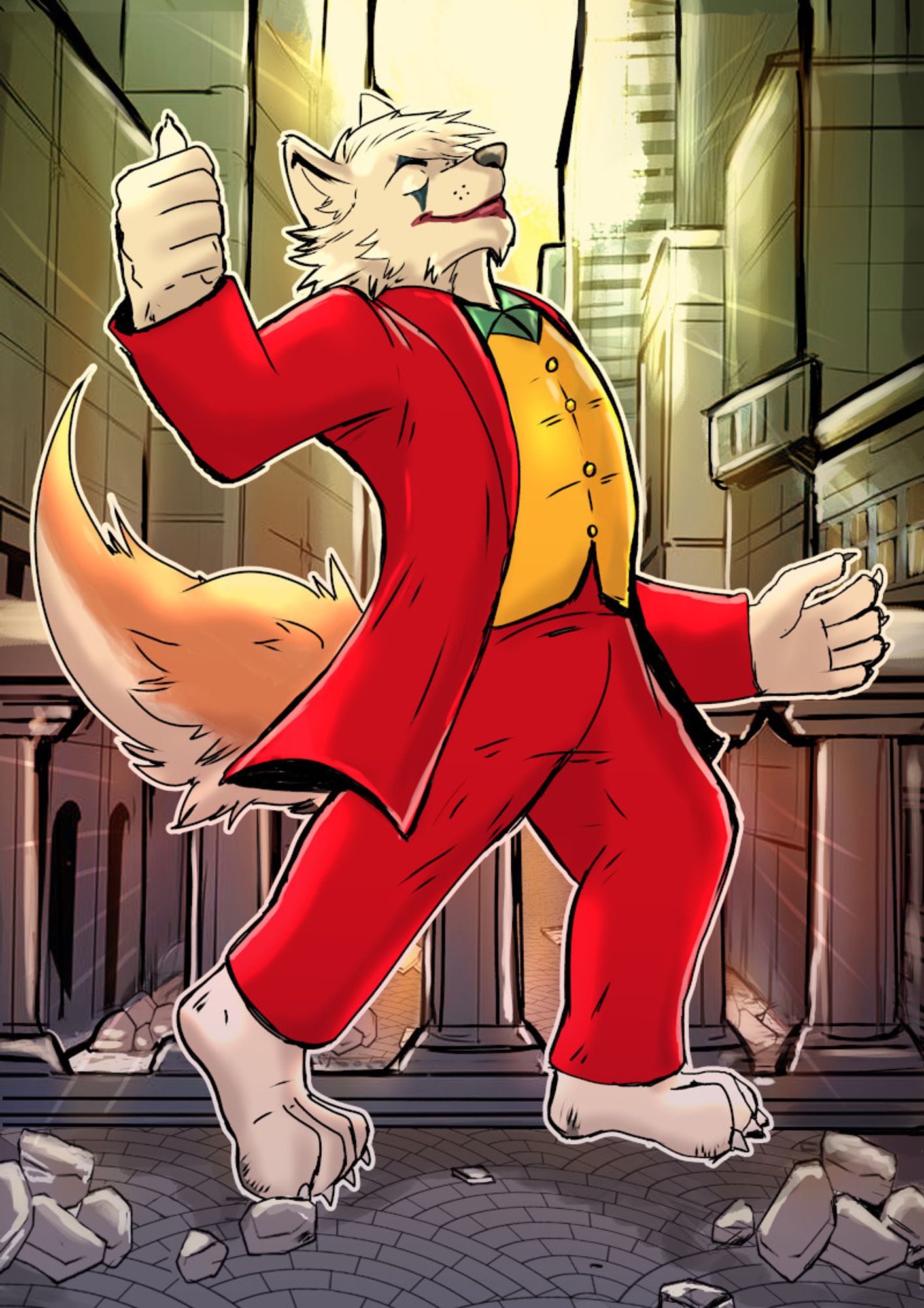 A white anthropomorphic wolf dressed as the Joker from the movie Batman the dark Knight, using a red jacket.