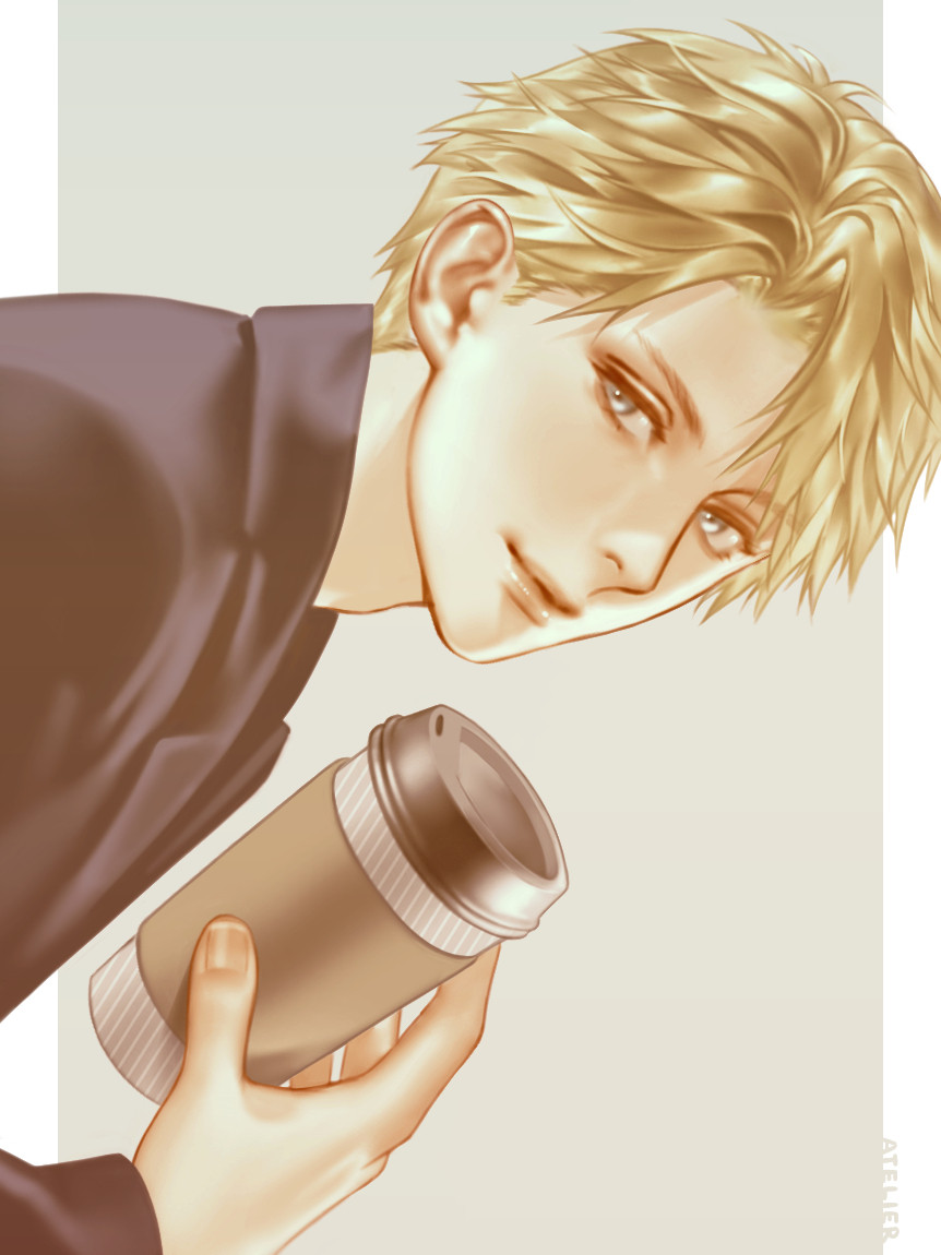 Ikemen Prince fanart of Matias Asbrink dressed in a black blazer and holding a paper cup of coffee.