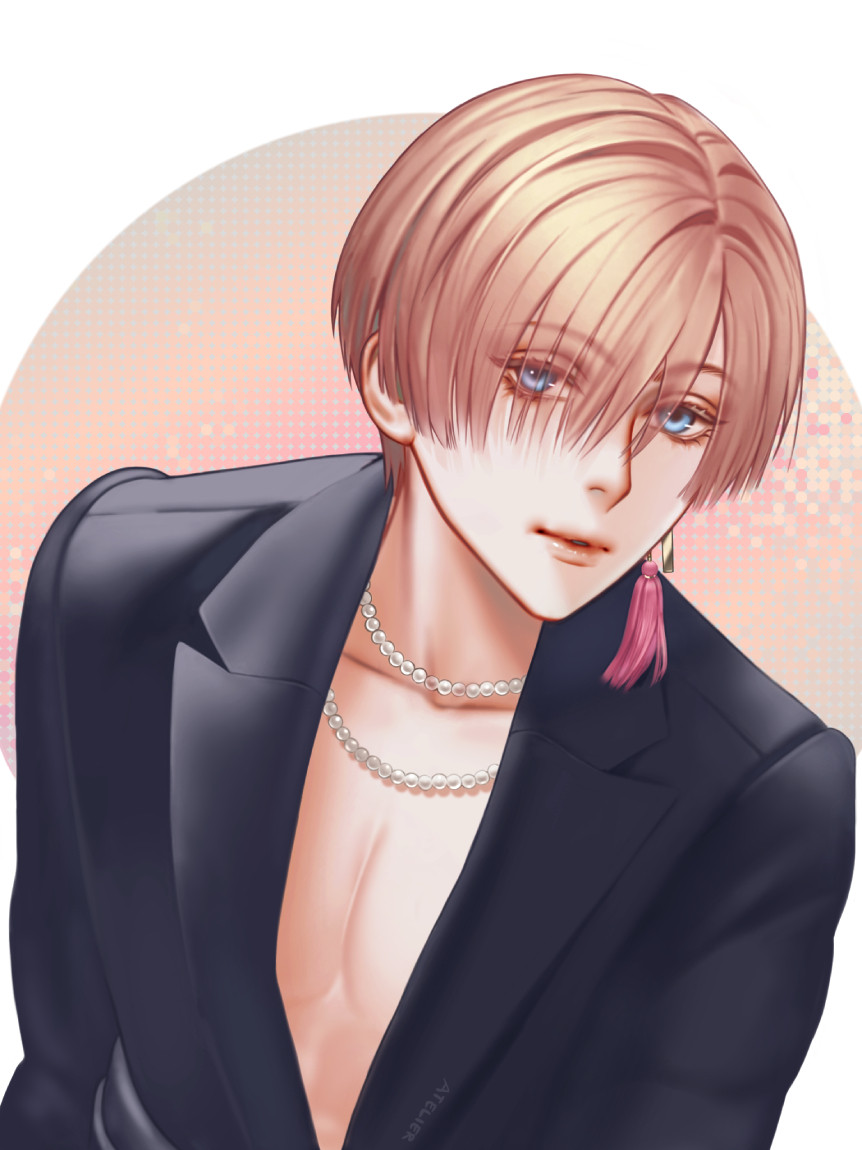 Ikemen Prince fanart of Yves Kloss dressed in a black coat and two pearl necklaces.