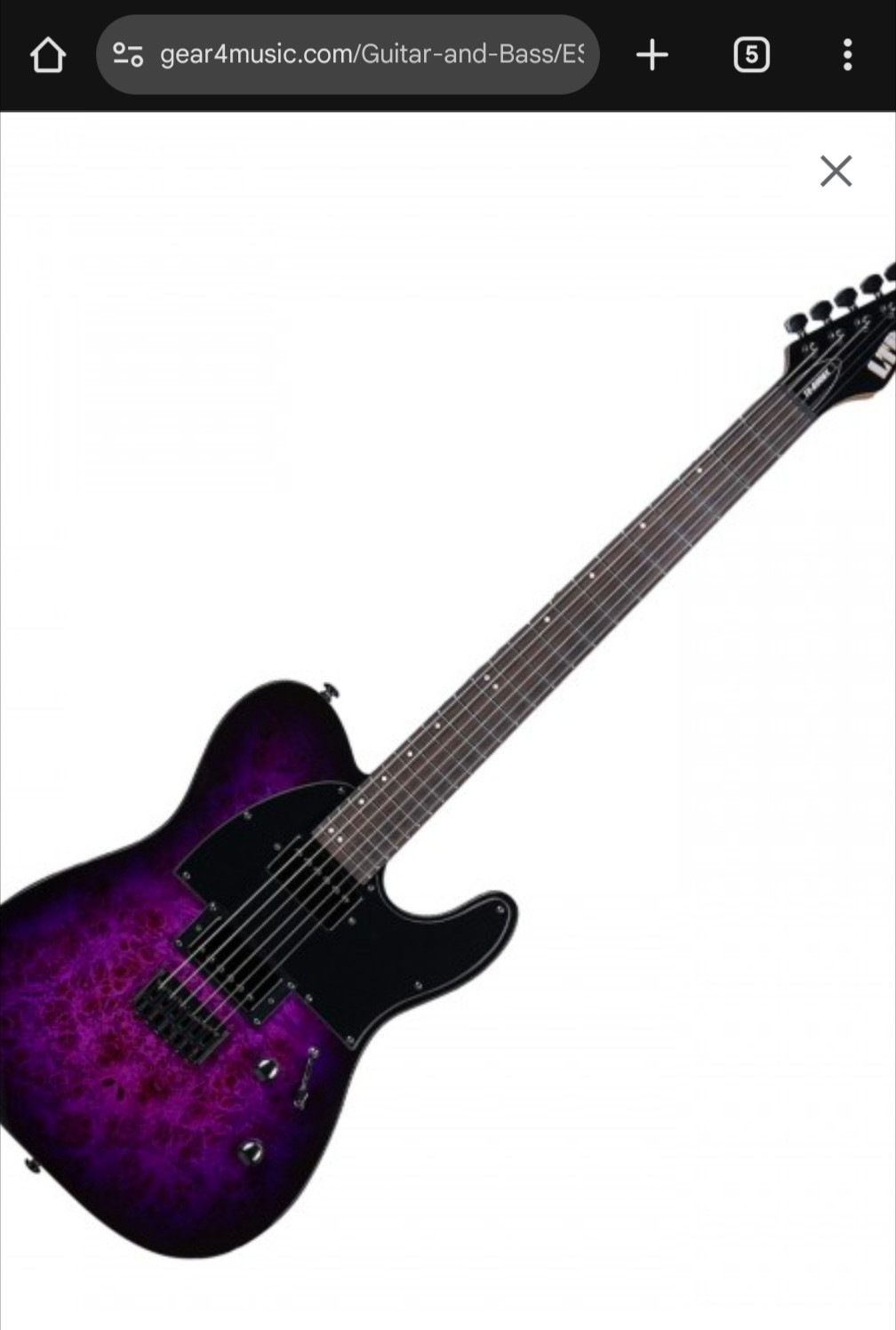 An ESP LTD TE-200DX guitar. It is essentially the same shape as a Fender Telecaster. The body, neck and headstock are all black, as is all the metal hardware (bridge, knobs, pickups), but the body has a purple "burst" effect.