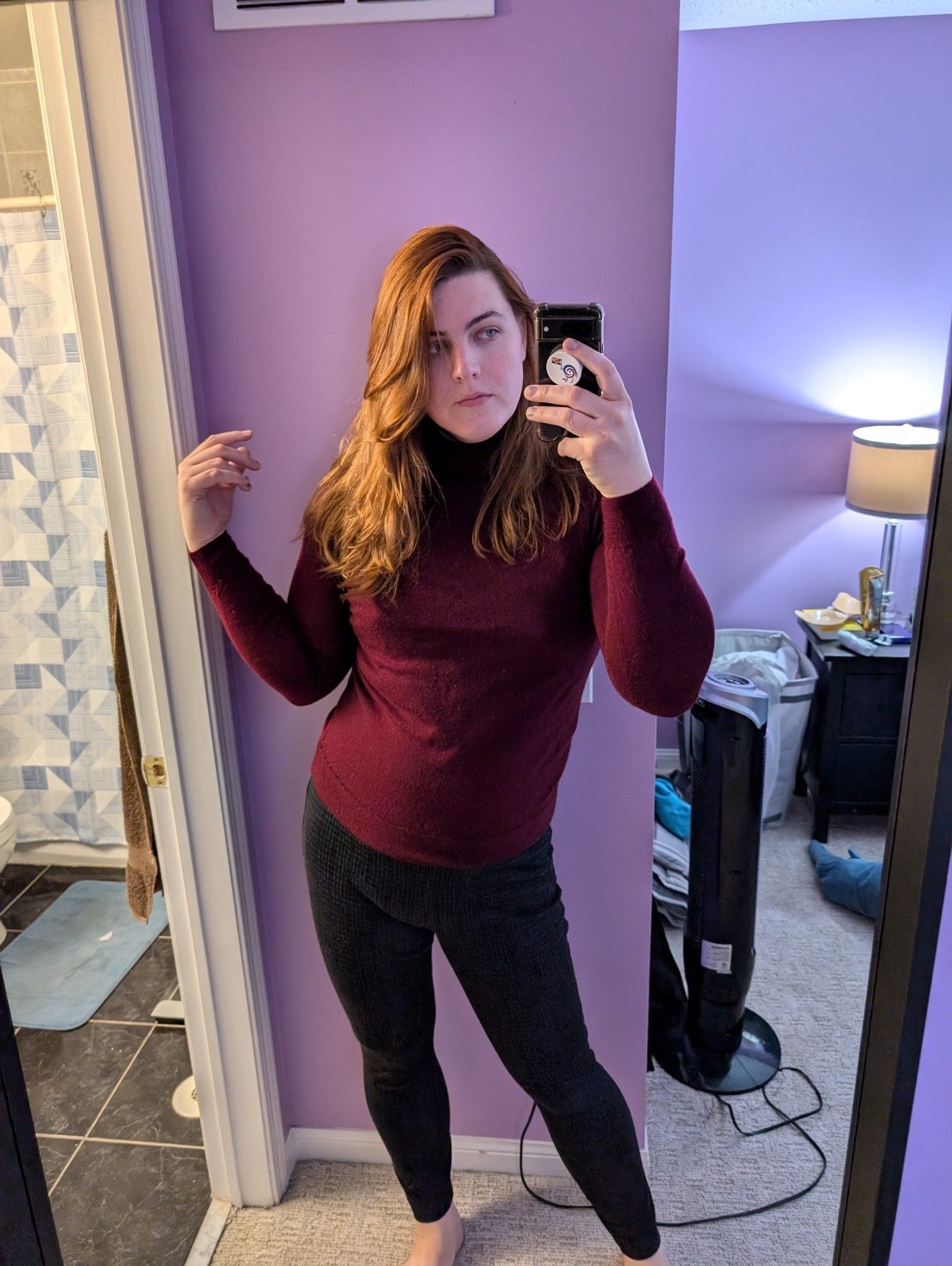 Emily in striped legging pants & a maroon turtleneck