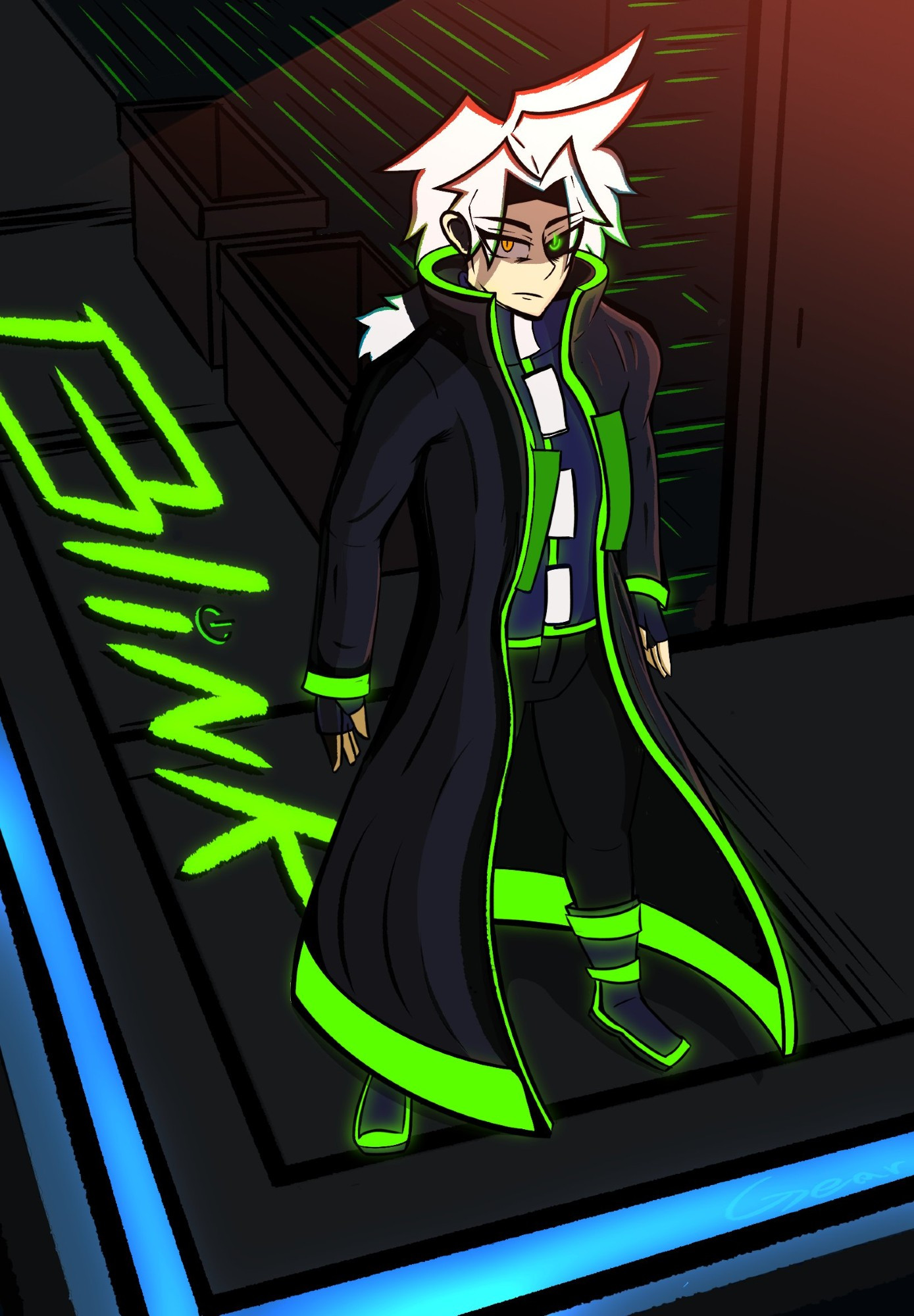 A Man standing on a sidewalk corner he's covered in a red light making his white hair reflect chromatically. His trenchcoat glows green but is otherwise dark in color. He wears a face brimming with both confidence and irritance. 

This the other Co-MC of Neon Lights. His name is Blink and he's what you'd call a KeyRunner. He works in the City of Neo Vegas, completing jobs ranging from stopping drug cartels to finding missing people. He does these jobs to investigating the killing of his mentor and hopes to one day bring justice for it.