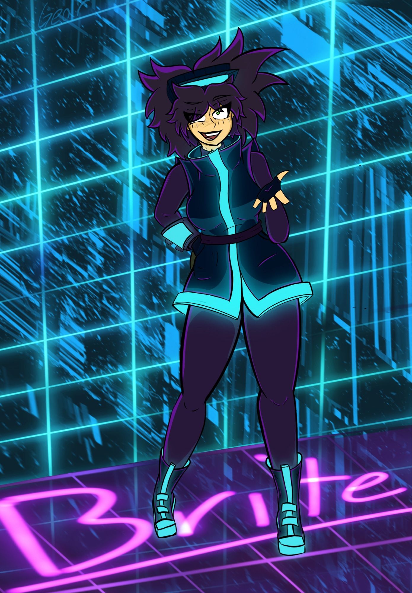 A girl wearing a blue jacket over a purple trenchcoat. Shes striking a smug pose in front of a simplified cityscape. Shes also standing over her name “Brite” glowing against the ground.