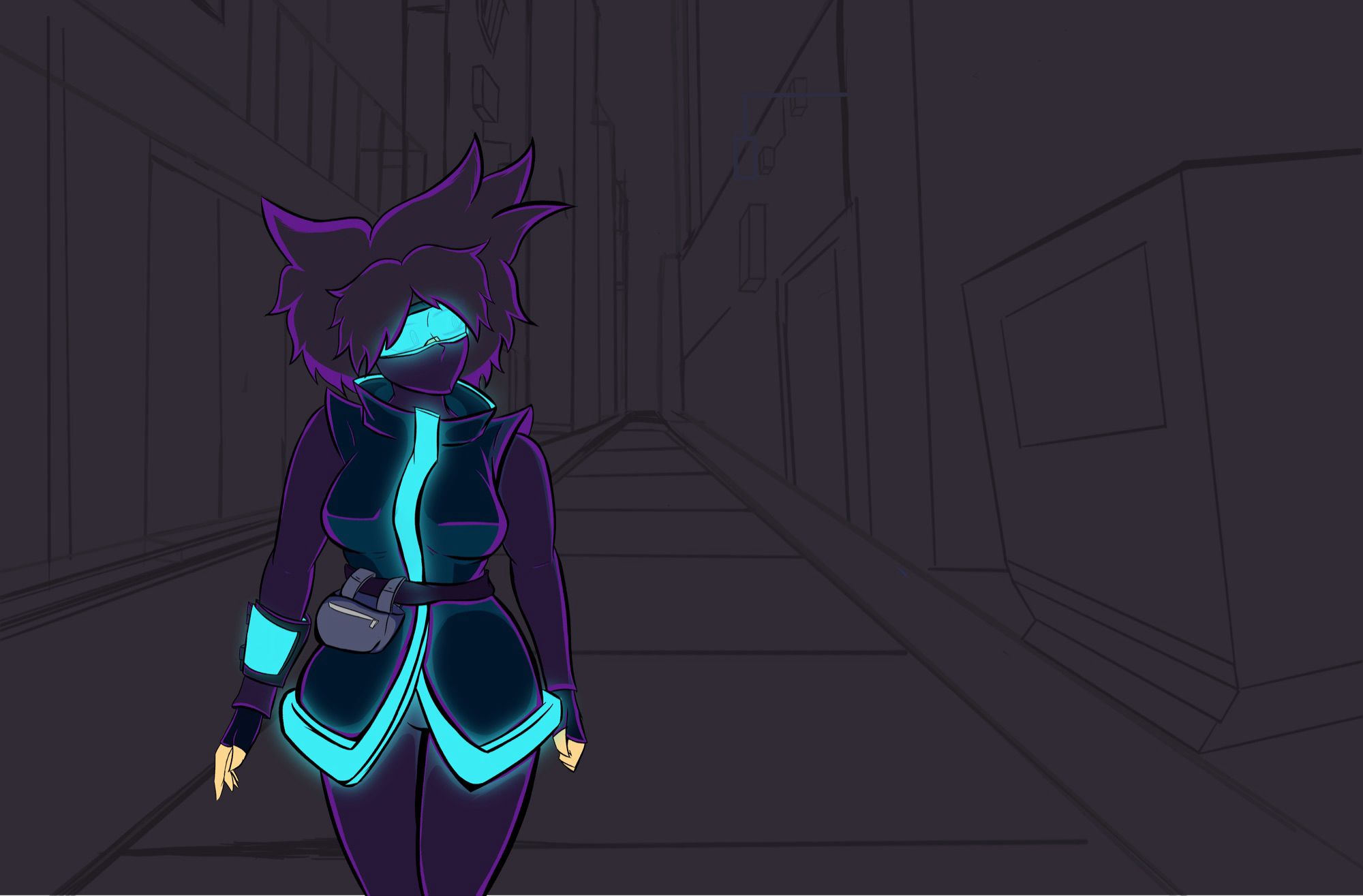 A girl named Brite wearing a blue jacket over a purple jumpsuit walking down an alley