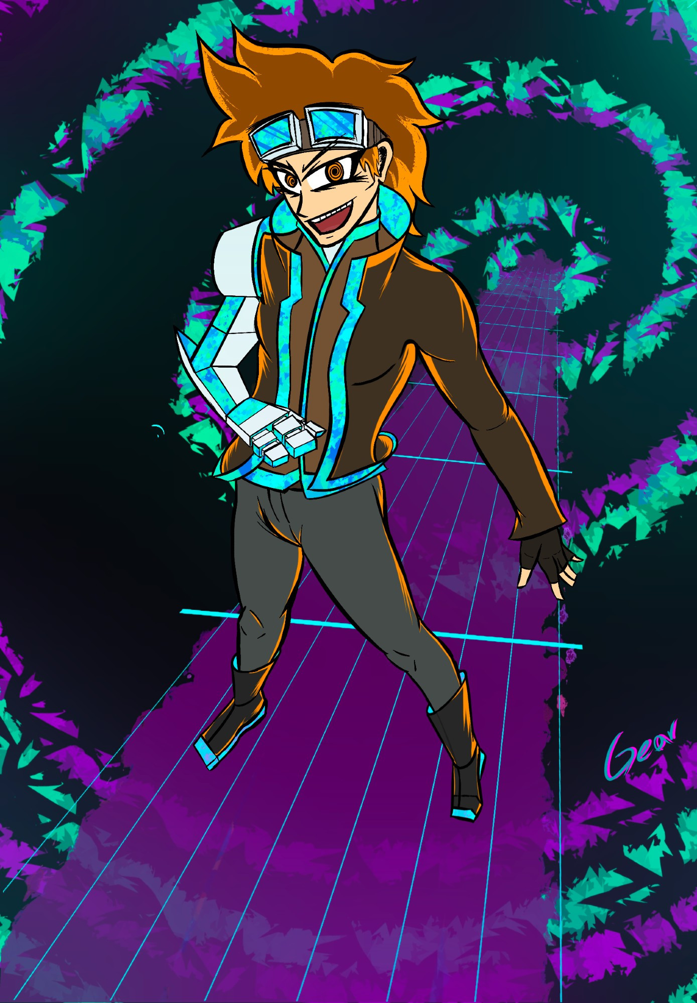 A man with a white robotic prosthetic arm, fluffy orange-brown hair and a wild face. He's standing on a pathway of what looks like a guitar fretboard. An equally wild spiral of green and purple wrap around the pathway. This is a picture of Gearsio my Internet Persona ^_^