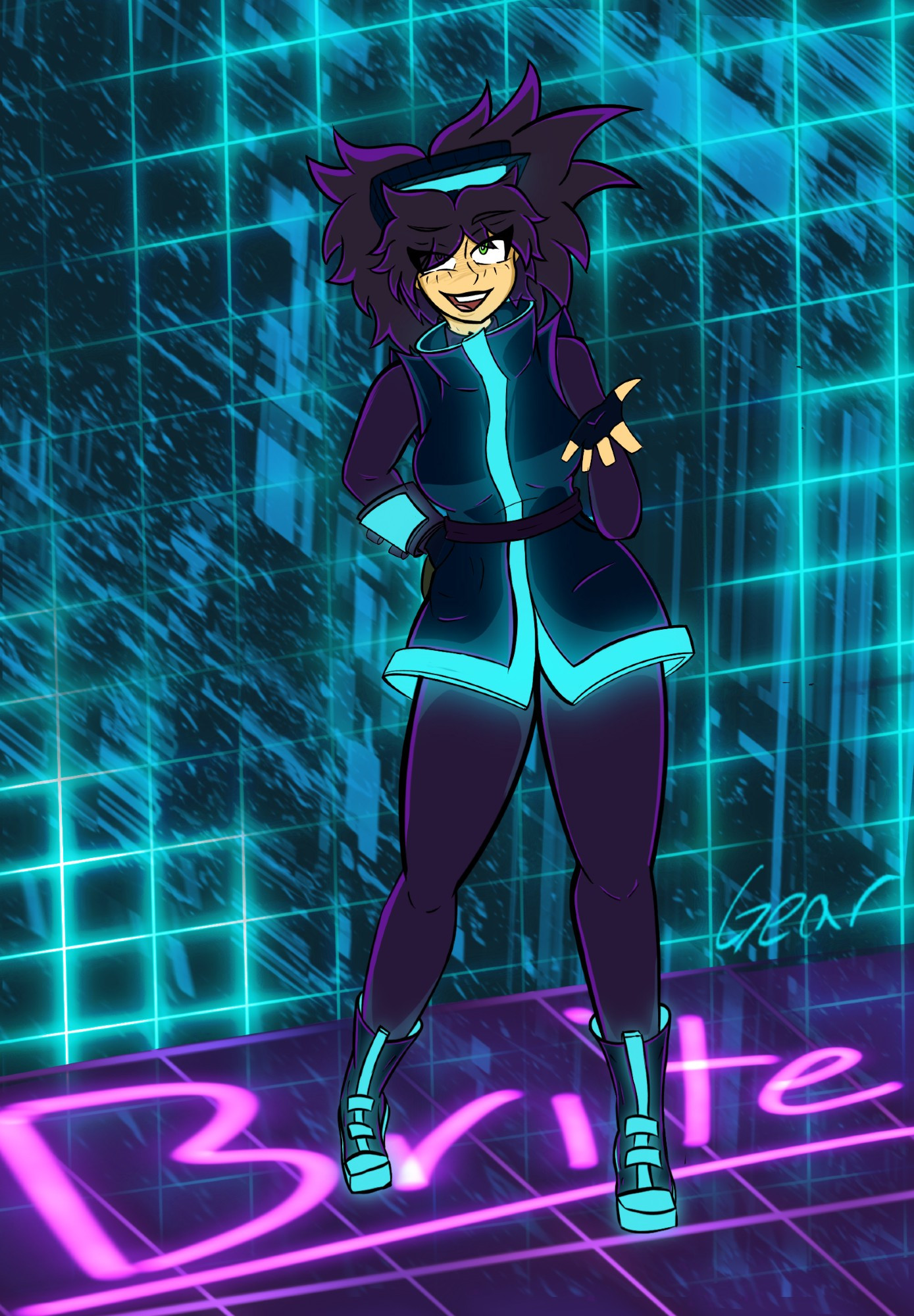 A Smug looking girl wearing a purple jumpsuit under a blue vest jacket. She's standing on a grid floor with her name spraypainted on it reading "Brite". 

This the co-main character of Neon Lights alongside Blink. She's on the run from her family who essentially run the city of Neo Vegas. She's not about that rich life and wishes escape this city and see the Pacific Coast one day.