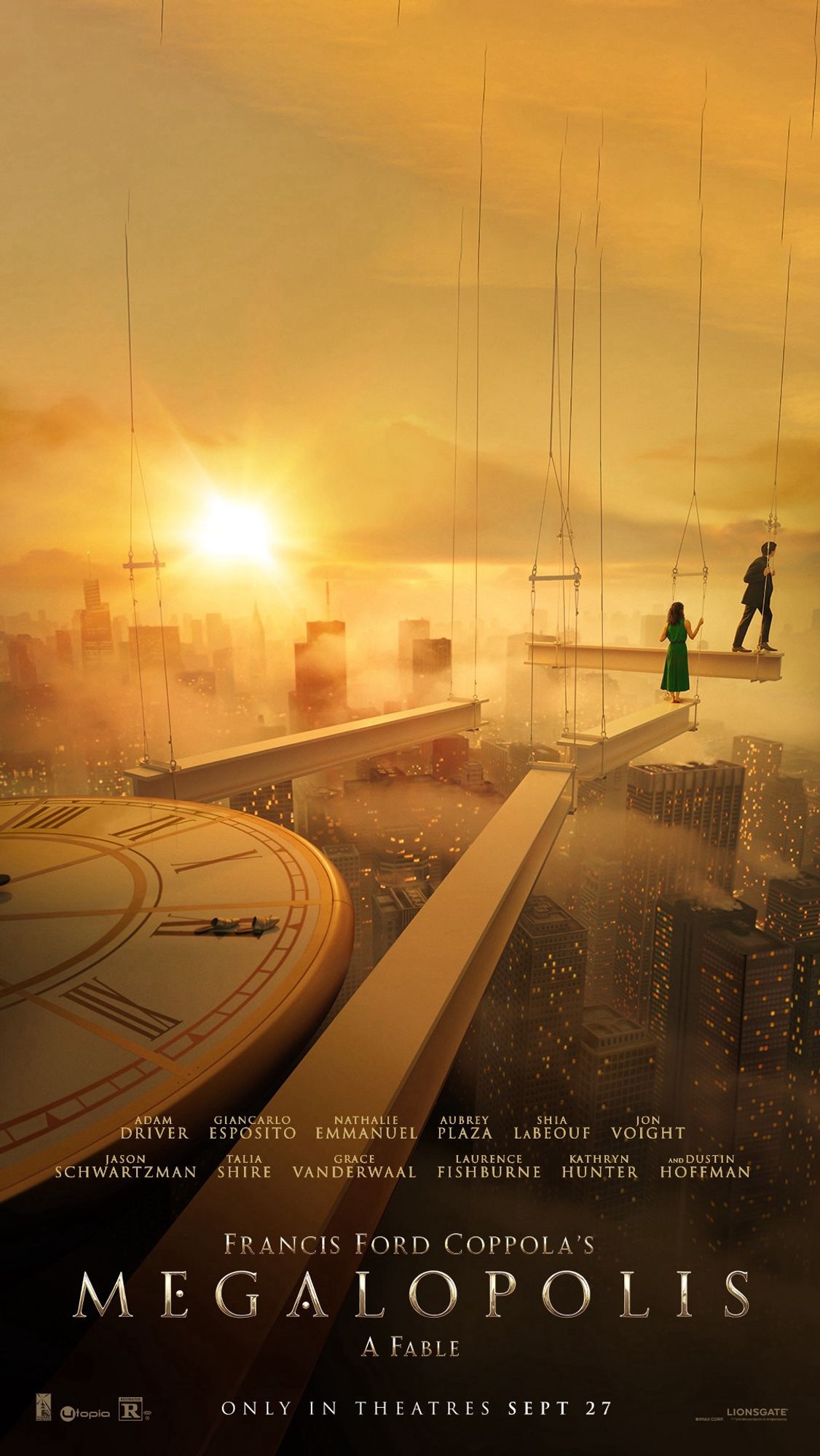 A stunning movie poster for Megalopolis that’s just breathtaking. There are white scaffolding’s that seem to hang from the sky. A very long poster. With a golden sky and sun in the background but they’re also ontop of a cityscape. And a giant clock seems to be the “rooftop”. Two people are ontop of them, really just chilling and seeming far off.