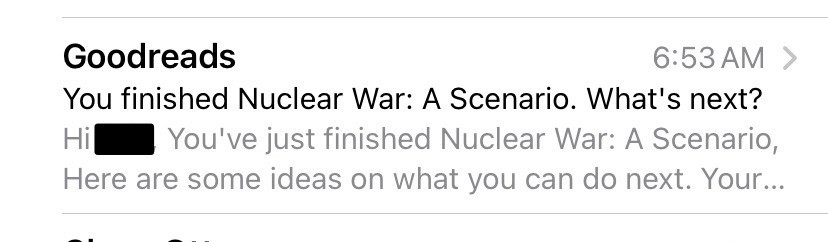 Screenshot of an email subject line that reads “You finished Nuclear War: A Scenario. What’s next?”