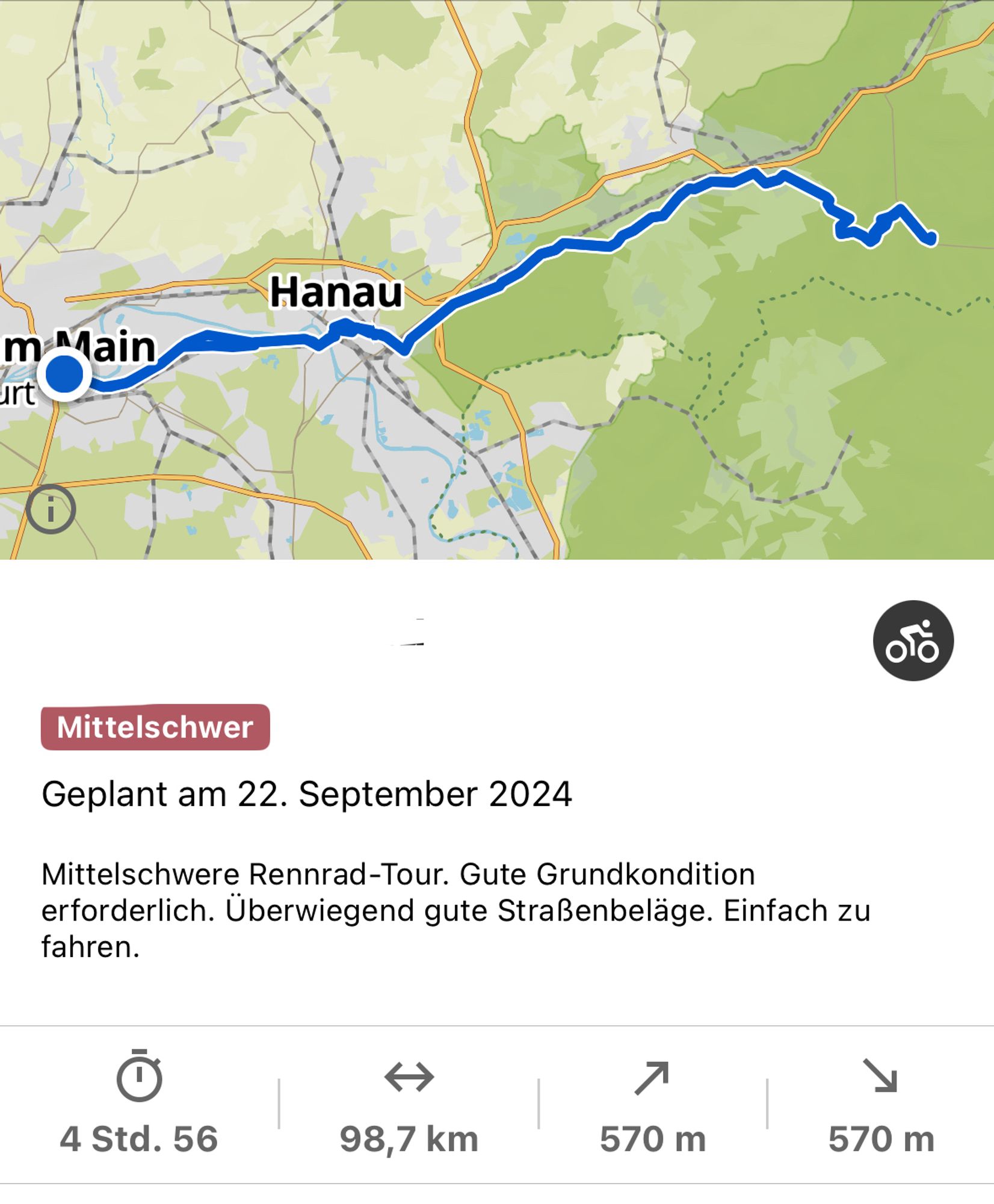 Screenshot Komoot. 

Übersichtskarte einer Fahrrad Tour. 

Zeit 4std 56min; 98,7km 570hm hoch und runter.