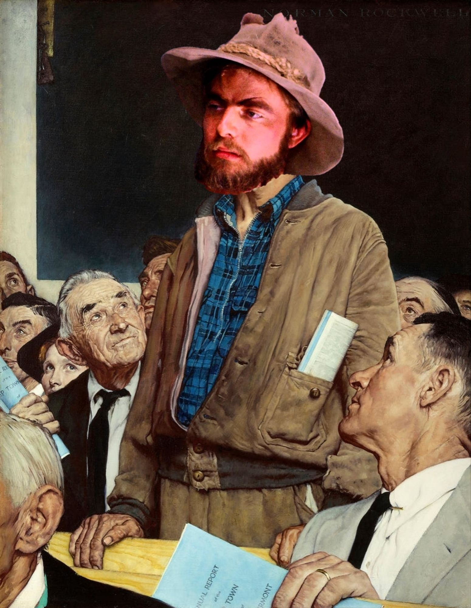 Torgo speaking facts in a Norman Rockwell painting 