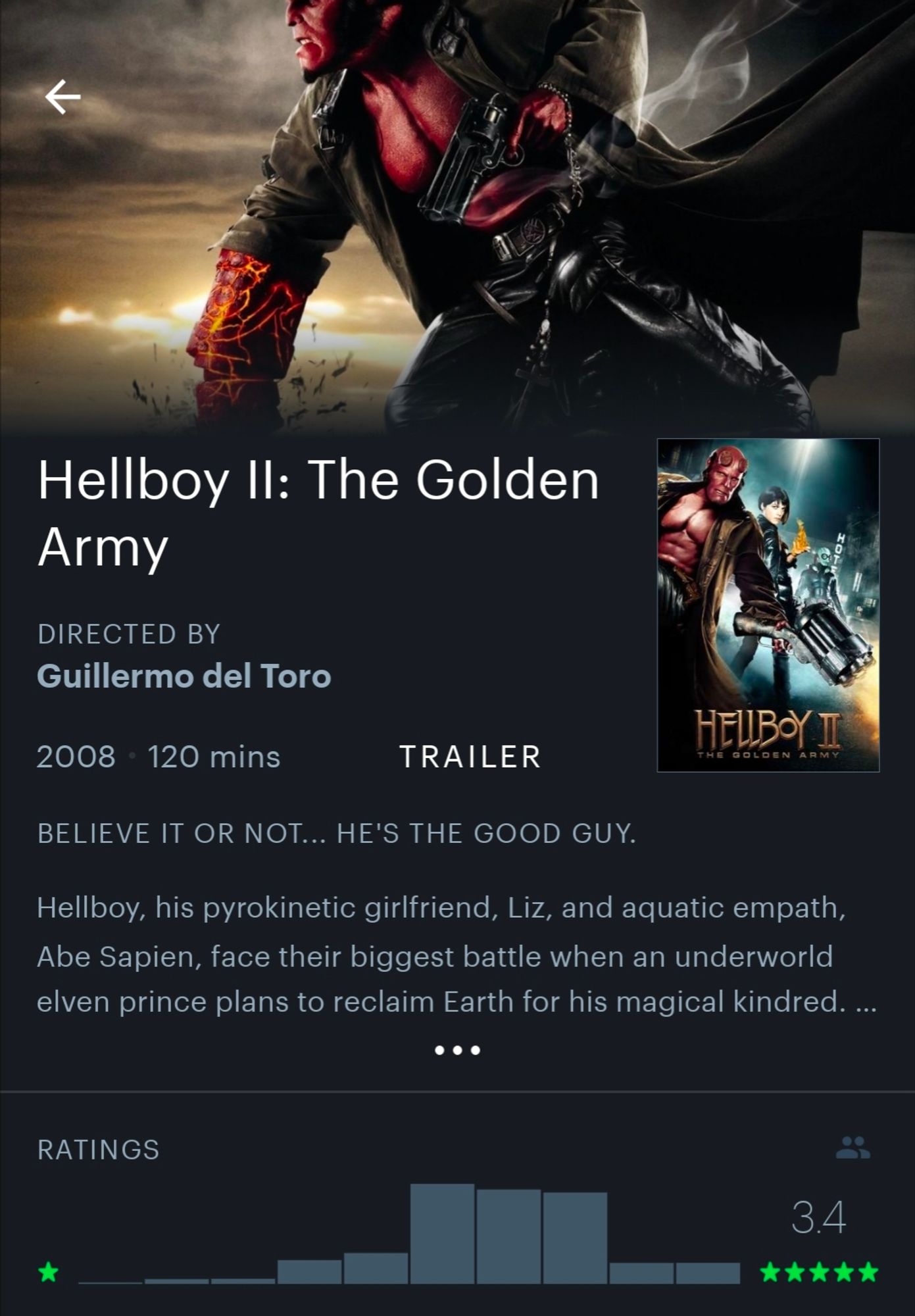 letterboxd page for Hellboy 2: The Golden Army. it also has a 3.4 rating