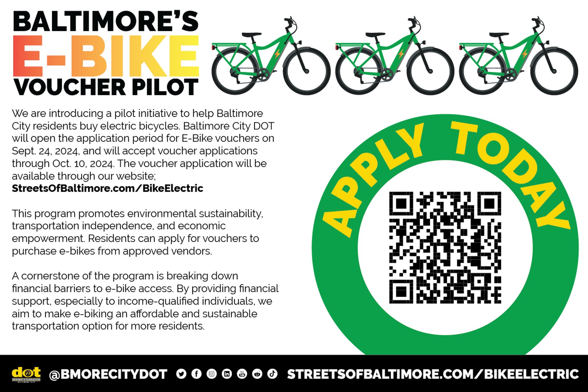 The back of the postcard contains detailed information about Baltimore's E-Bike Voucher Pilot Program. It explains the initiative to help residents purchase electric bikes, with applications open from Sept. 24 to Oct. 10, 2024, via the website StreetsOfBaltimore.com/BikeElectric. The program focuses on environmental sustainability and transportation independence. The right side shows a QR code for the application and a green circle with the words "Apply Today." The top displays a series of green e-bike illustrations.