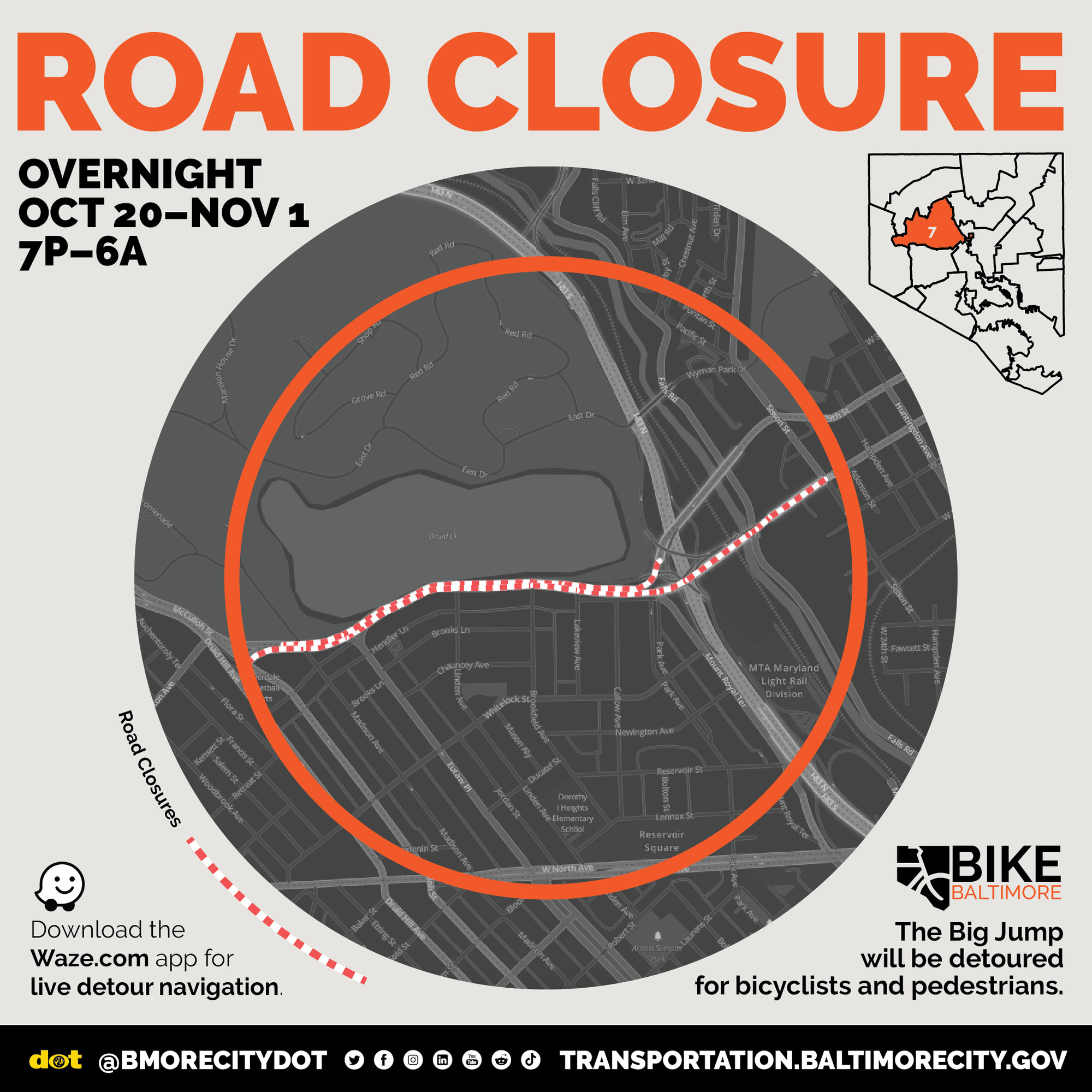 This graphic announces an overnight road closure along Druid Park Lake Drive from October 20 to November 1, 7 PM to 6 AM. The affected area is highlighted on the map with a dashed line, showing the closed route. The notice informs that The Big Jump, a popular path for cyclists and pedestrians, will be detoured during the closure. The post encourages users to download the Waze app for real-time detour updates.